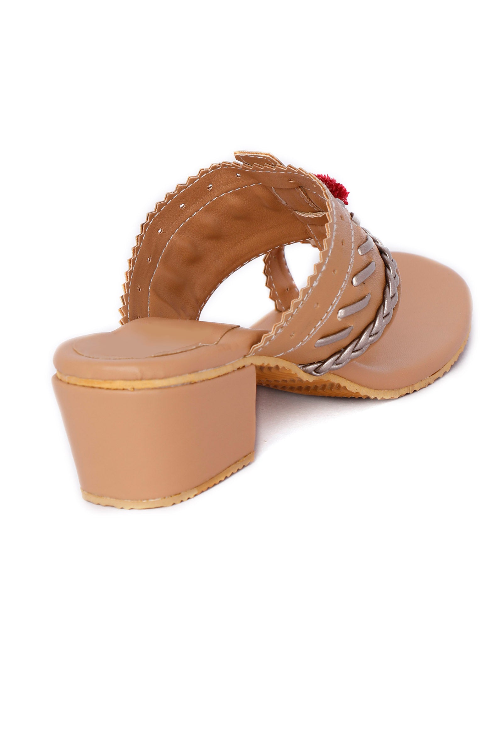 Tan and Silver Cruelty Free Leather Heels with Pom Poms