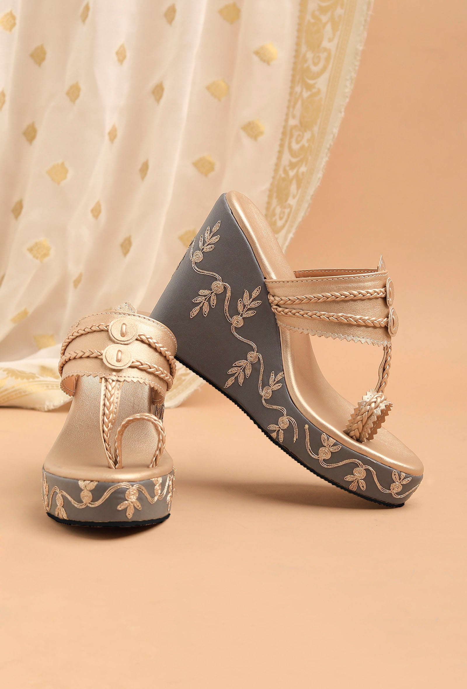 Refined Golden Hand Embroidered Kolhapuri Inspired Wedges