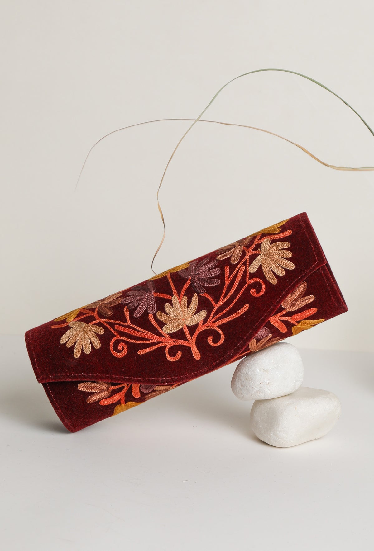 Maroon Tila Embroidery Velvet Clutch