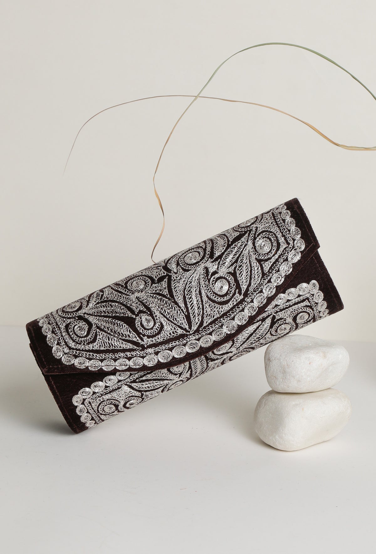Brown Velvet Silver Embroidered Clutch