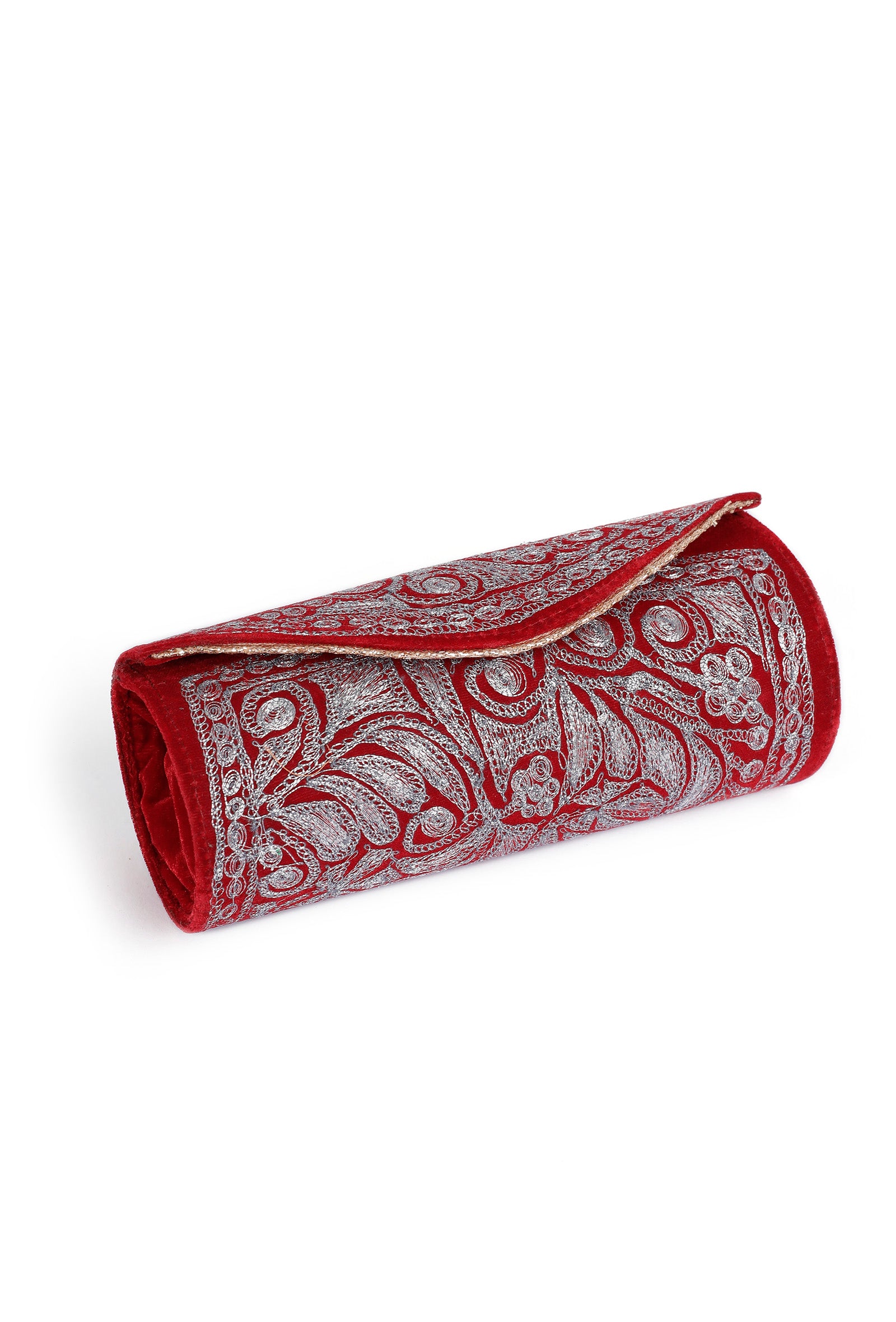 Ruby Red Velvet Silver Embroidered Clutch