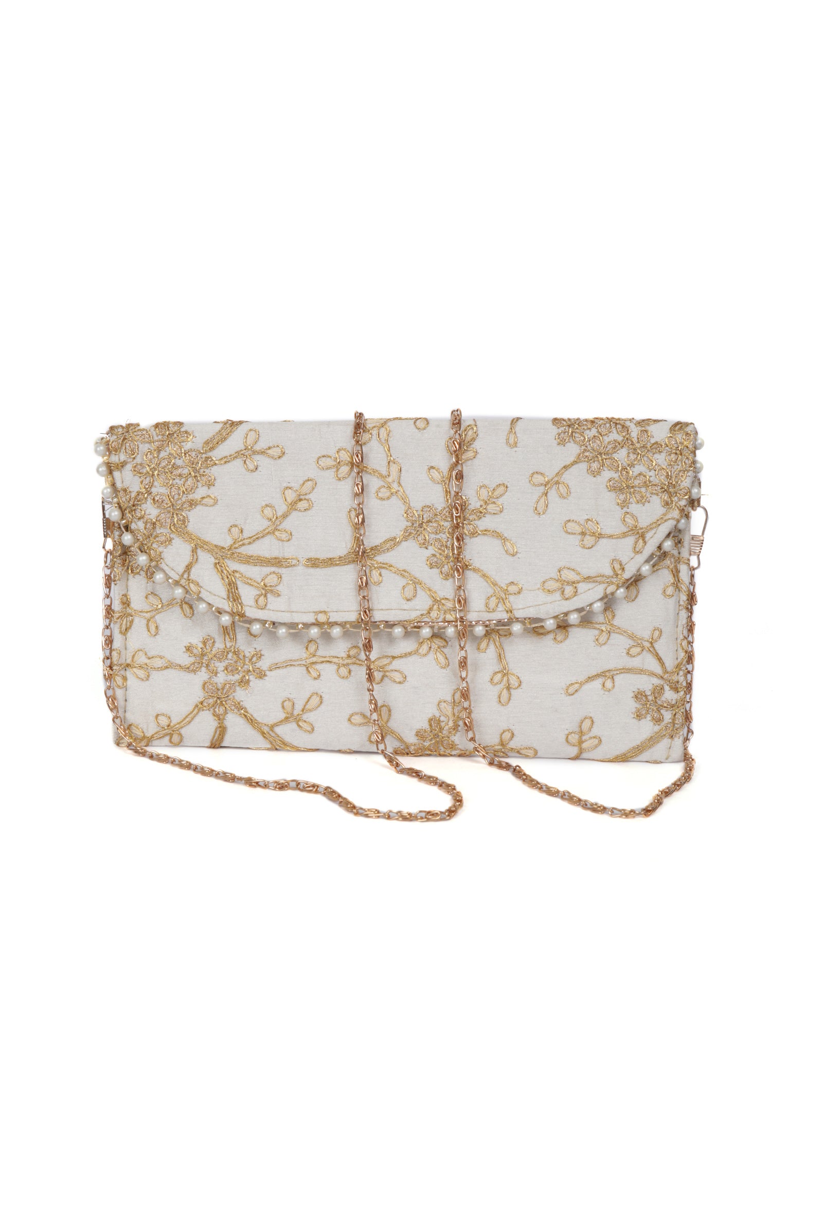 Ivory Elegance Zari Embroidered Silk Envelope Clutch