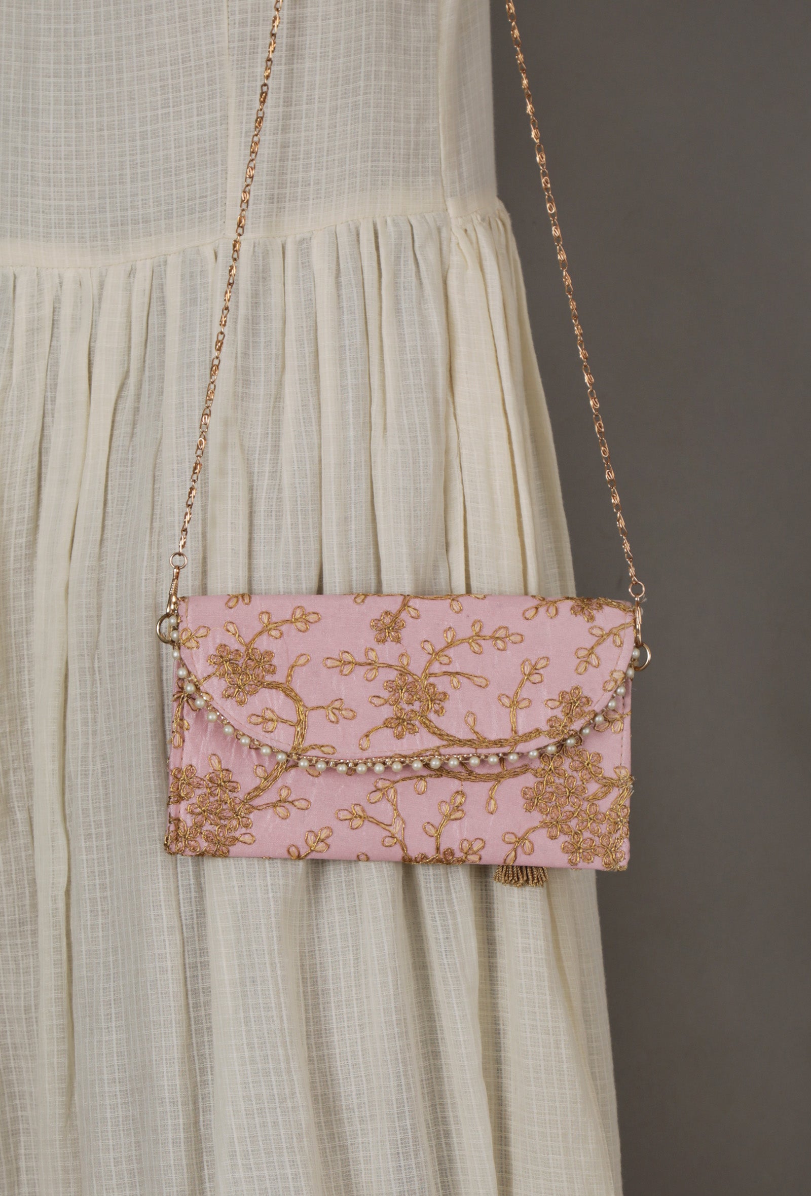 Blossom Pink Zari Embroidered Silk Envelope Clutch