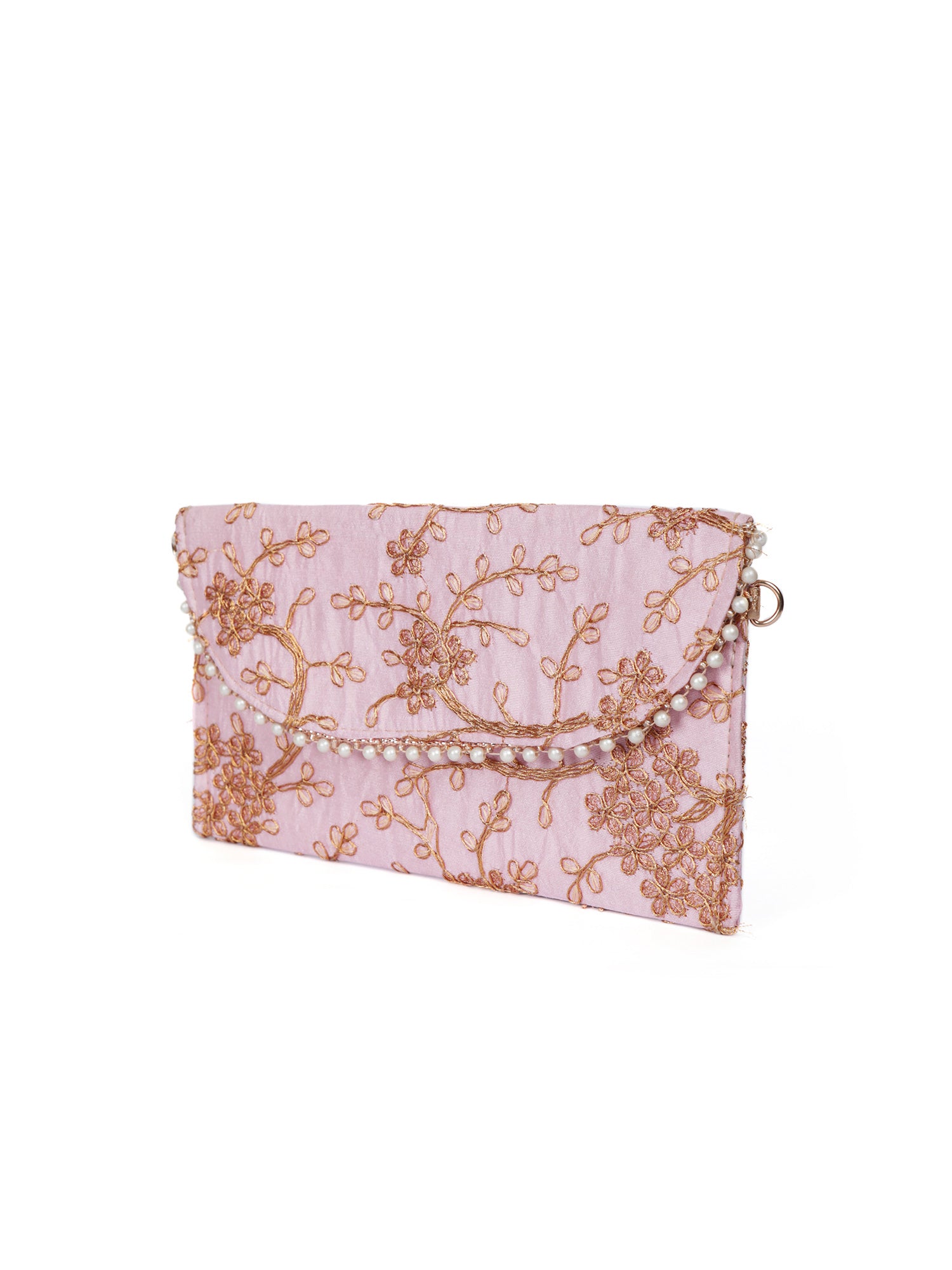 Blossom Pink Zari Embroidered Silk Envelope Clutch