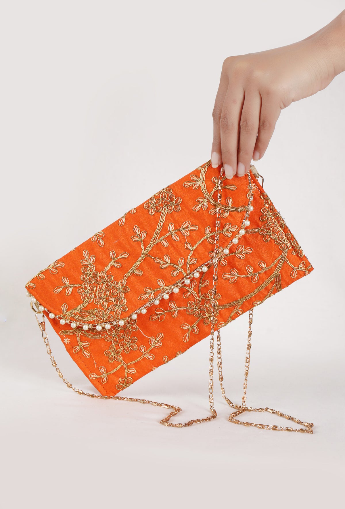 Vivid Orange Zari Embroidered Silk Envelope Clutch