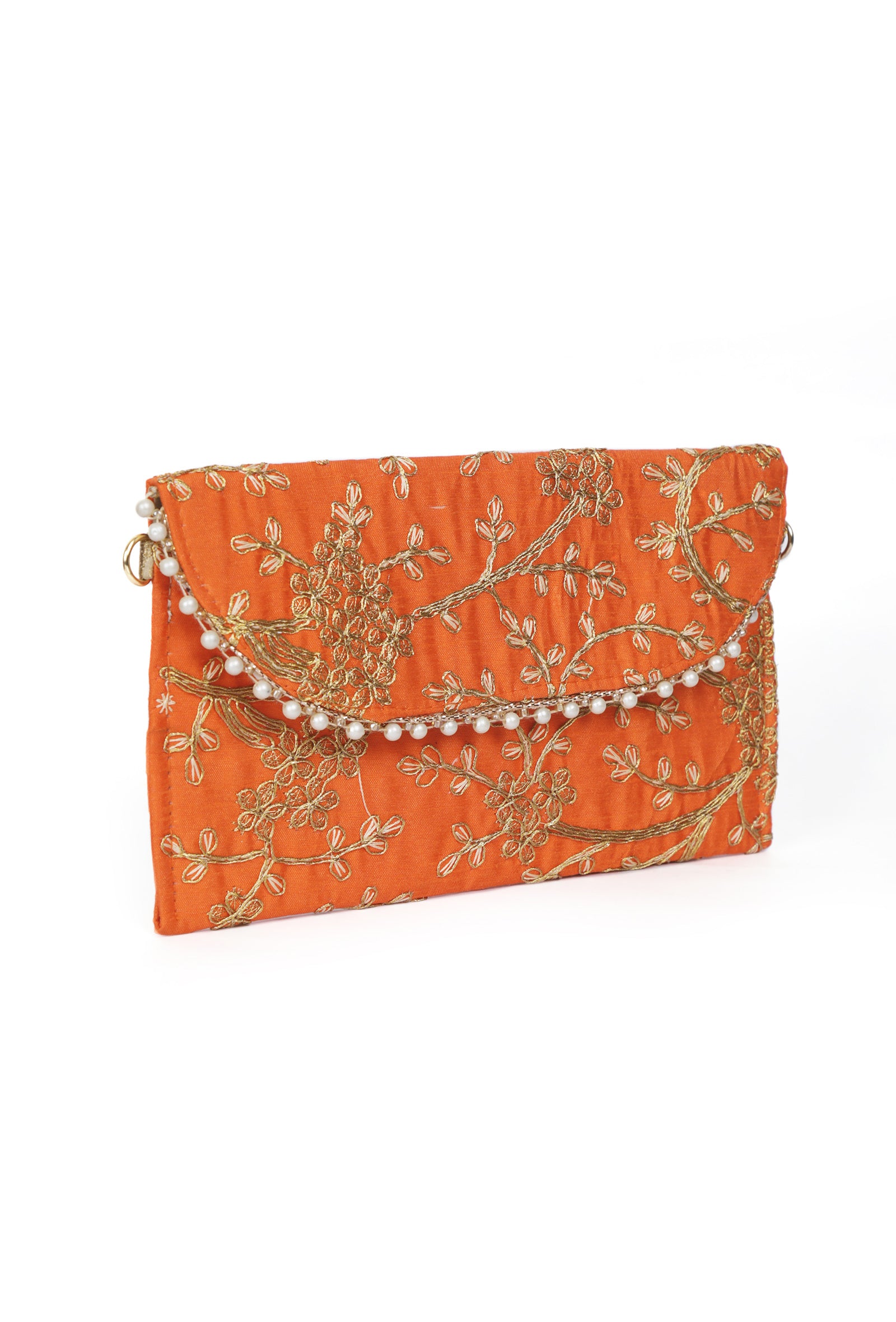 Vivid Orange Zari Embroidered Silk Envelope Clutch