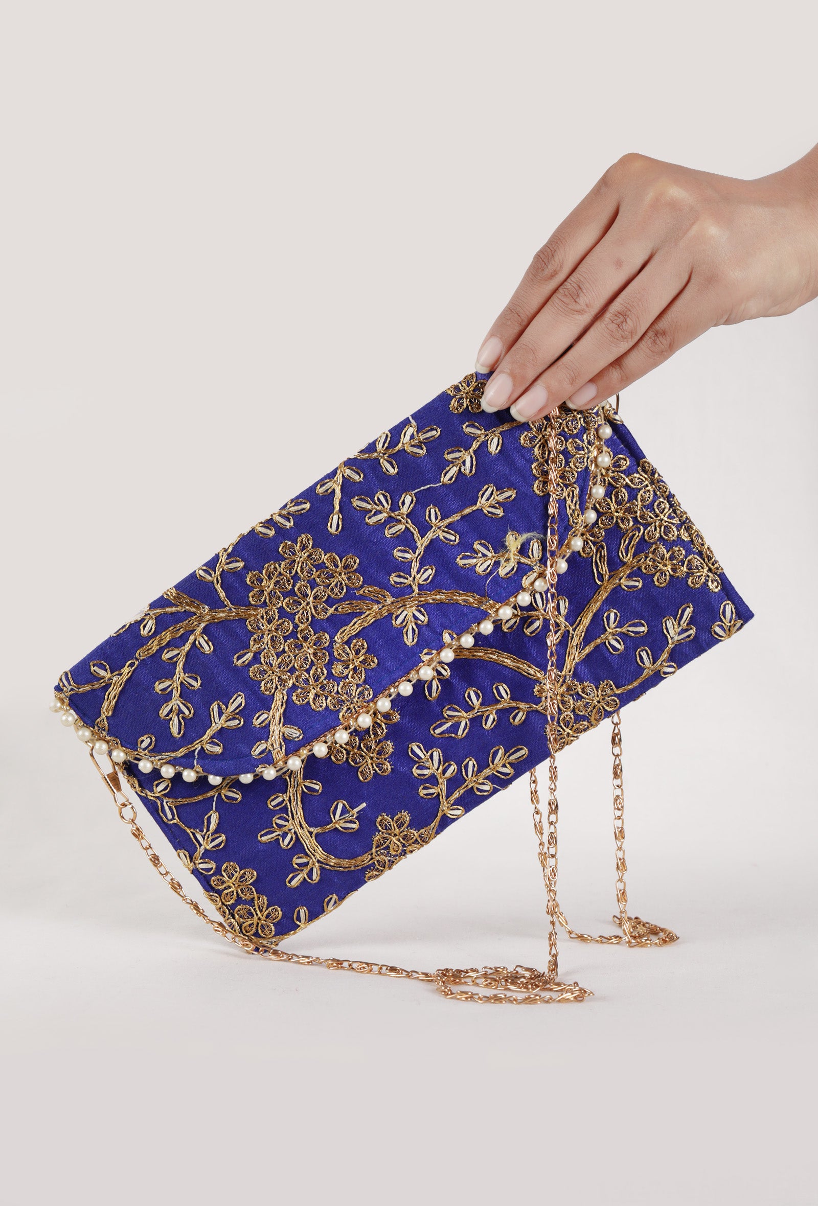 Majorelle Blue Zari Embroidered Silk Envelope Clutch