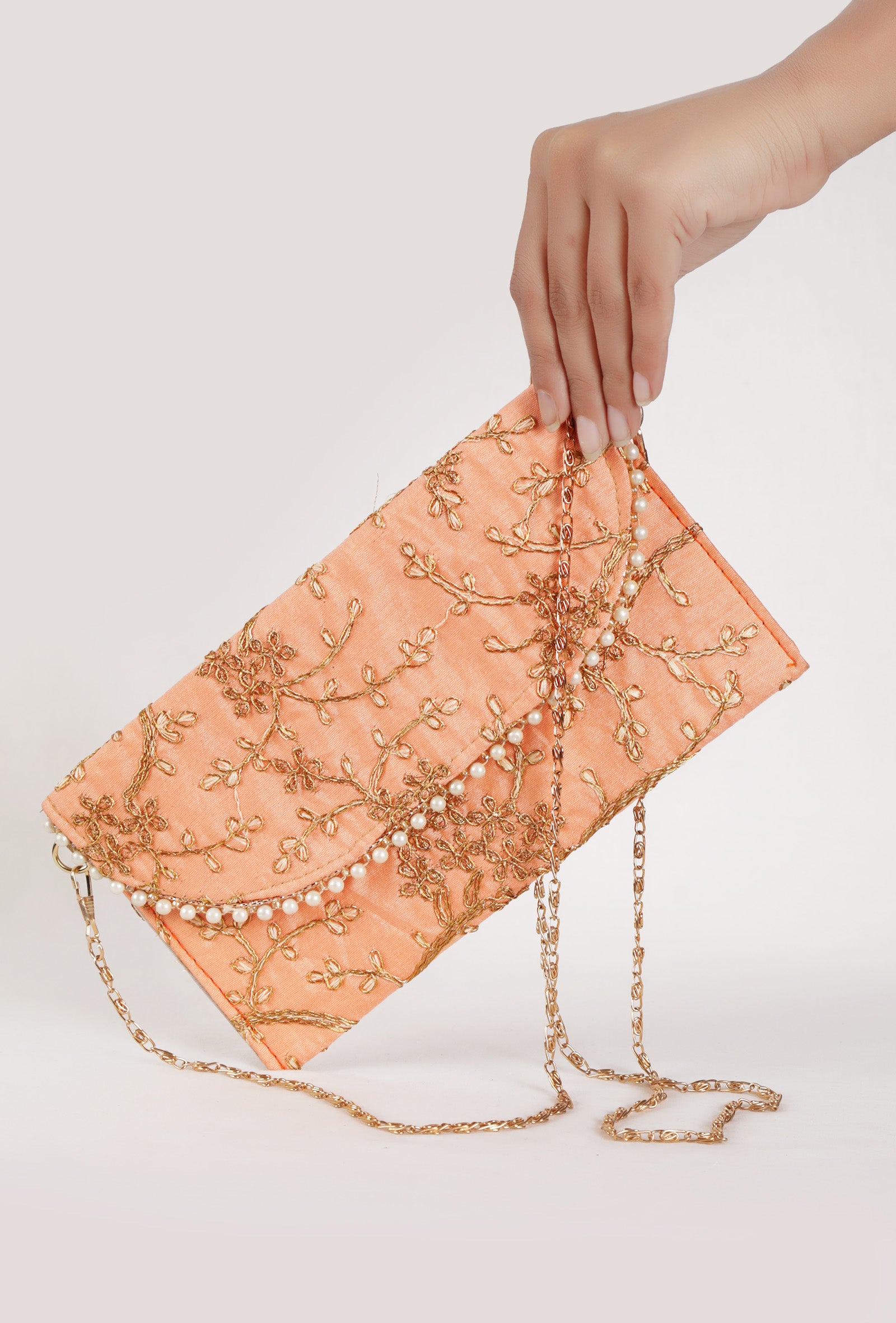Apricot Peach Zari Embroidered Silk Envelope Clutch