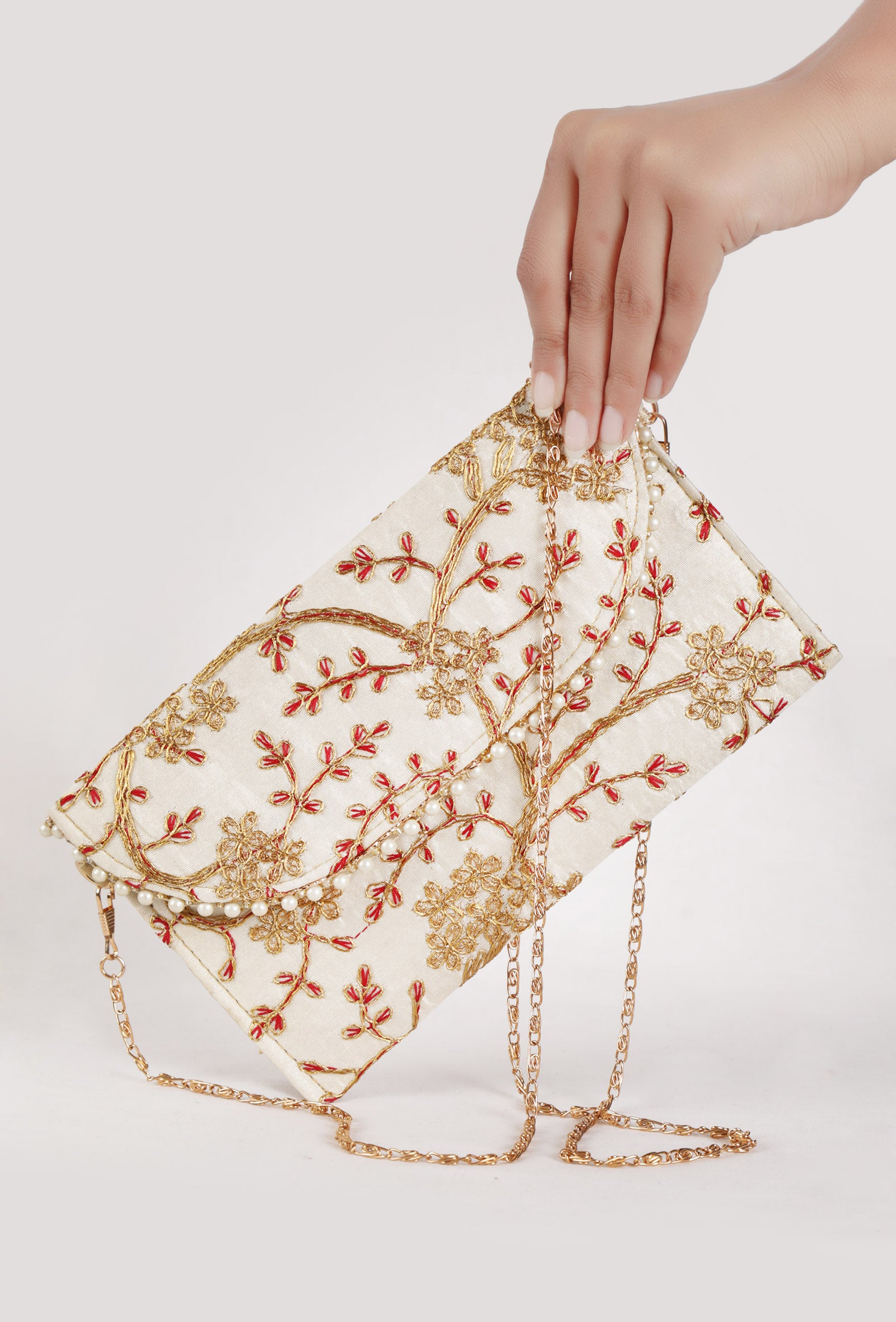 Snowy White Zari Embroidered Silk Envelope Clutch