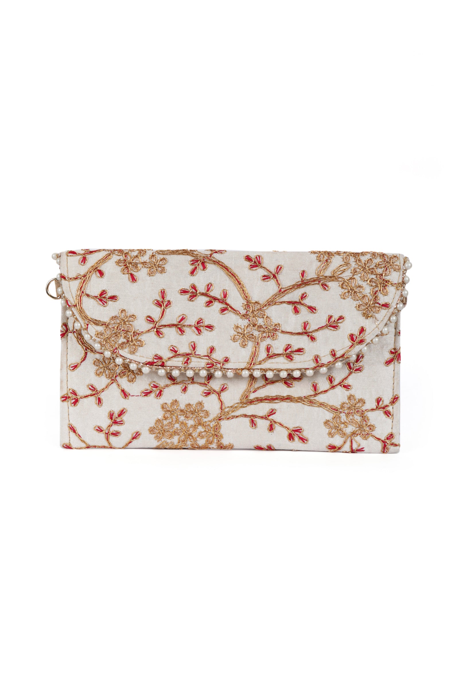 Snowy White Zari Embroidered Silk Envelope Clutch