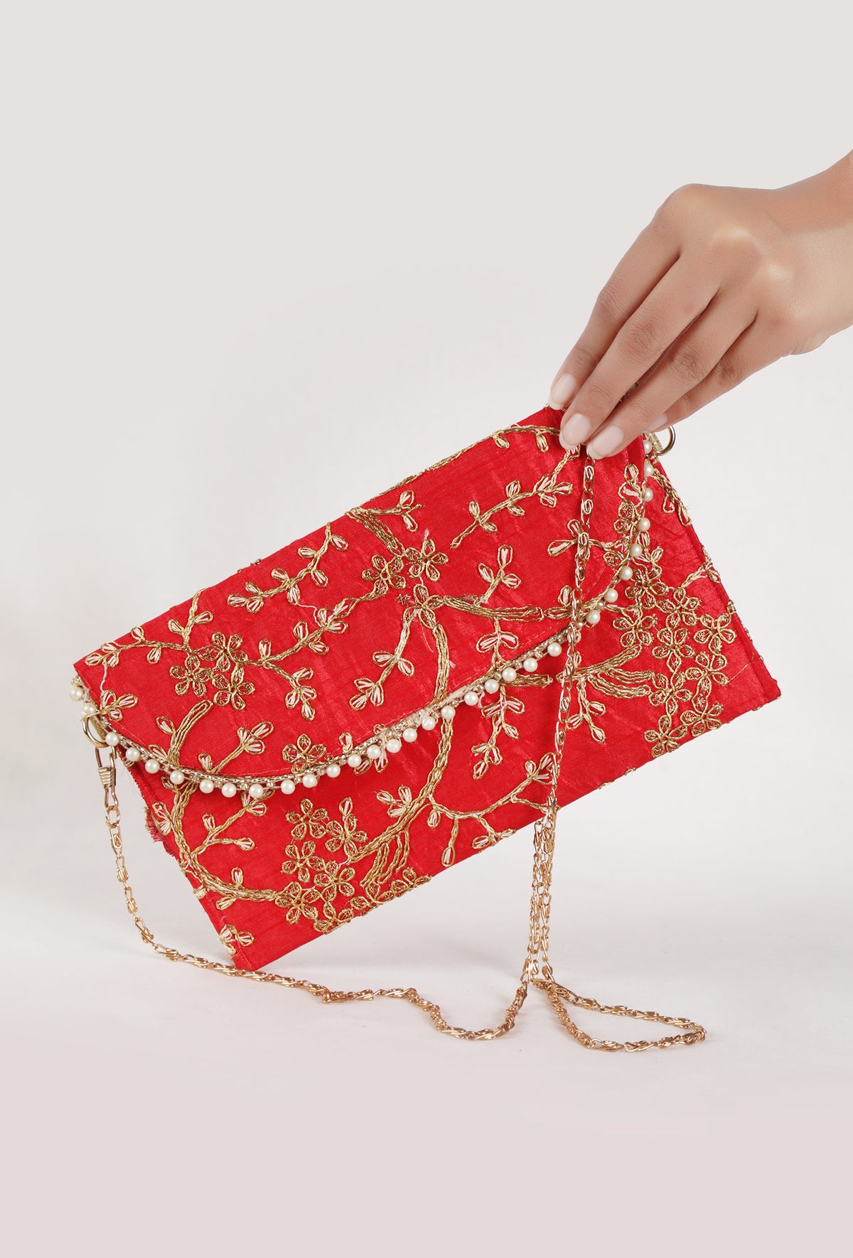 Ruby Red Zari Embroidered Silk Envelope Clutch