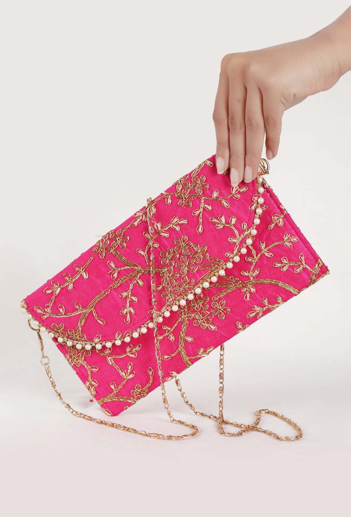 French Pink Zari Embroidered Silk Envelope Clutch