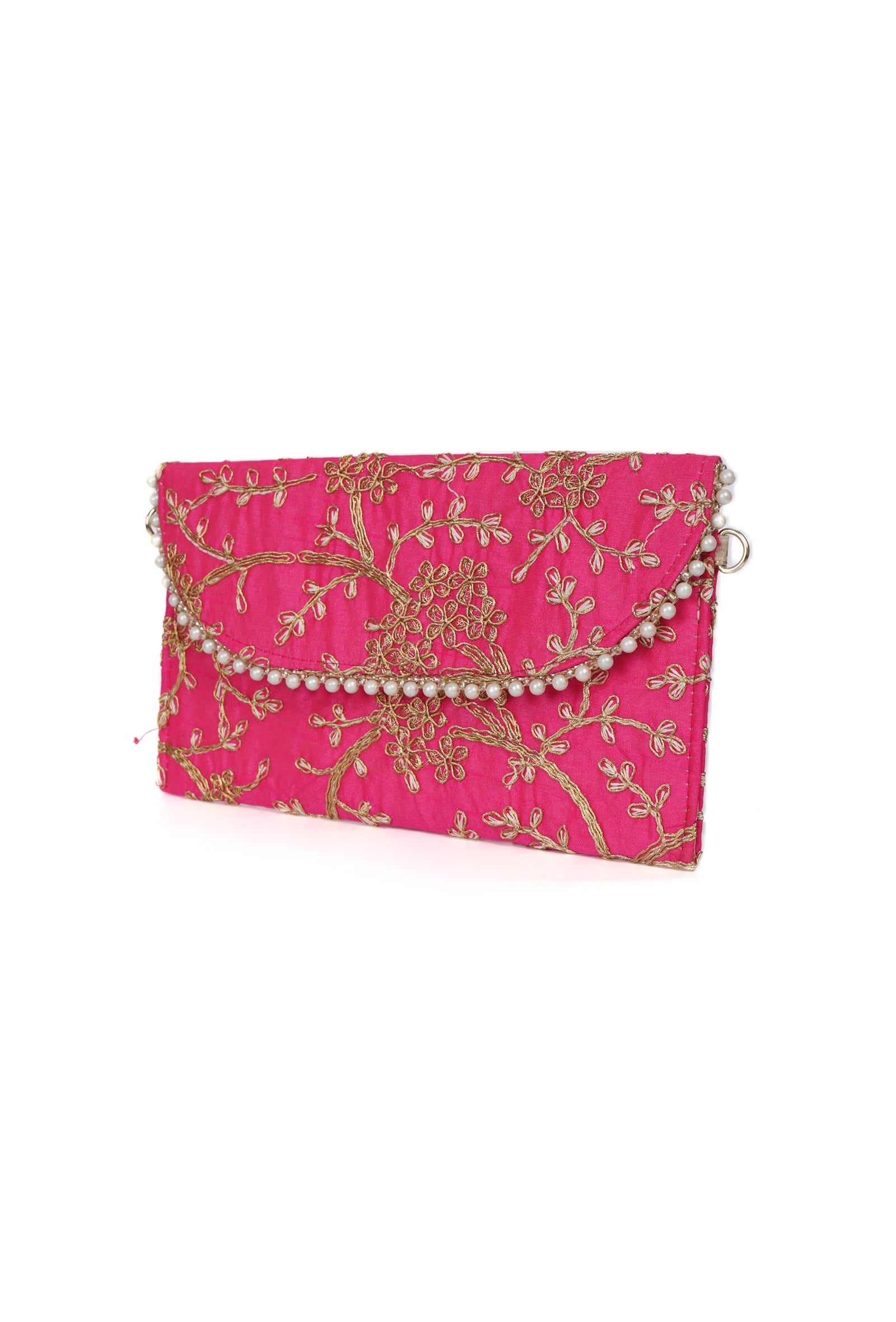 French Pink Zari Embroidered Silk Envelope Clutch