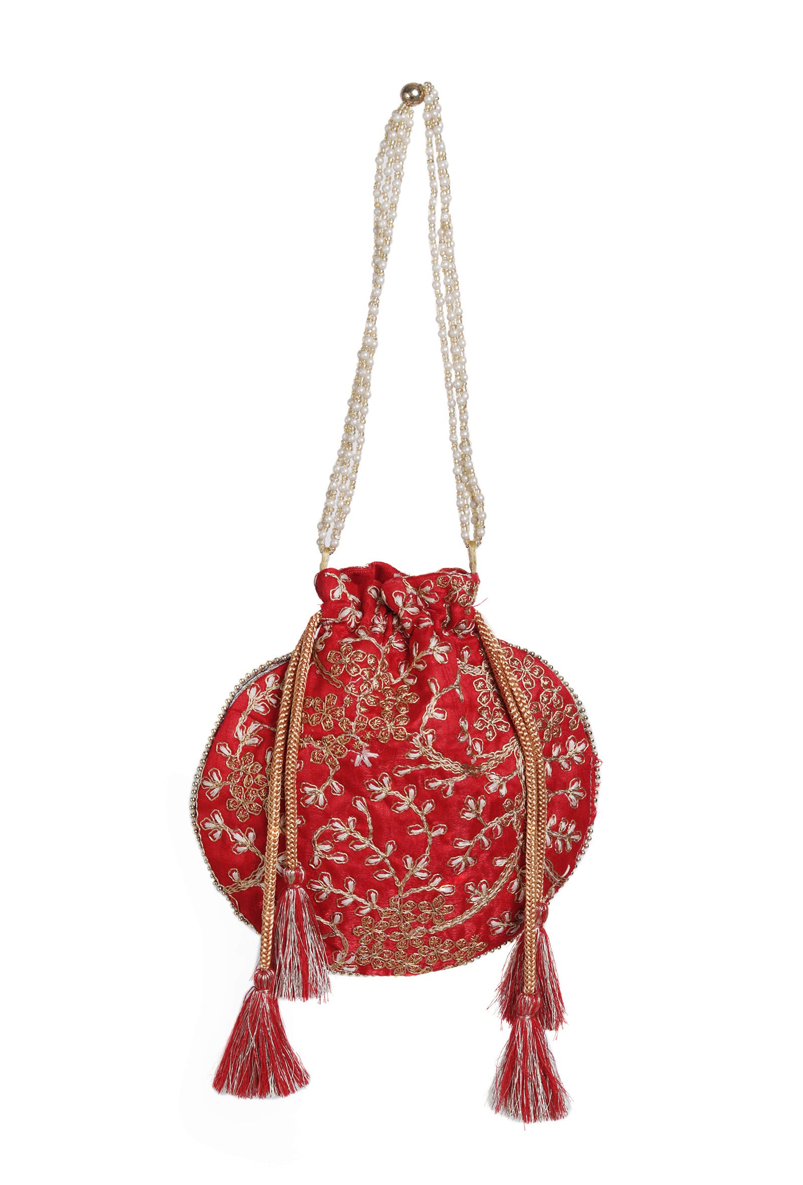 Scarlet Red Embroidered Silk Potli