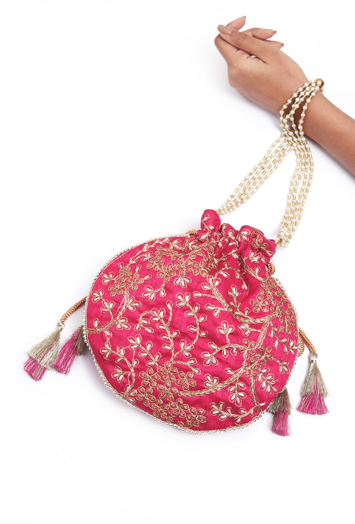 Fuchsia Pink Embroidered Silk Potli