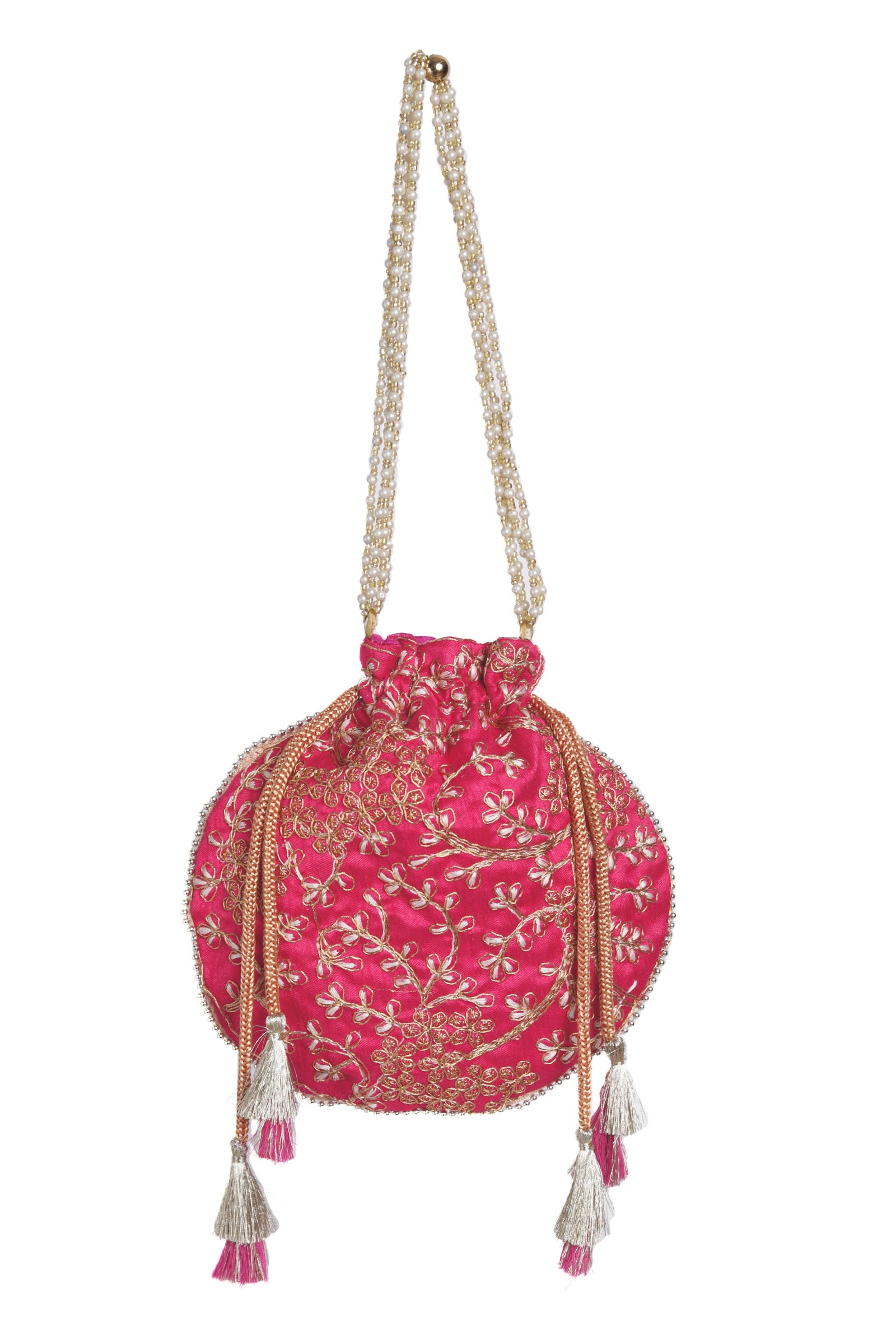 Fuchsia Pink Embroidered Silk Potli
