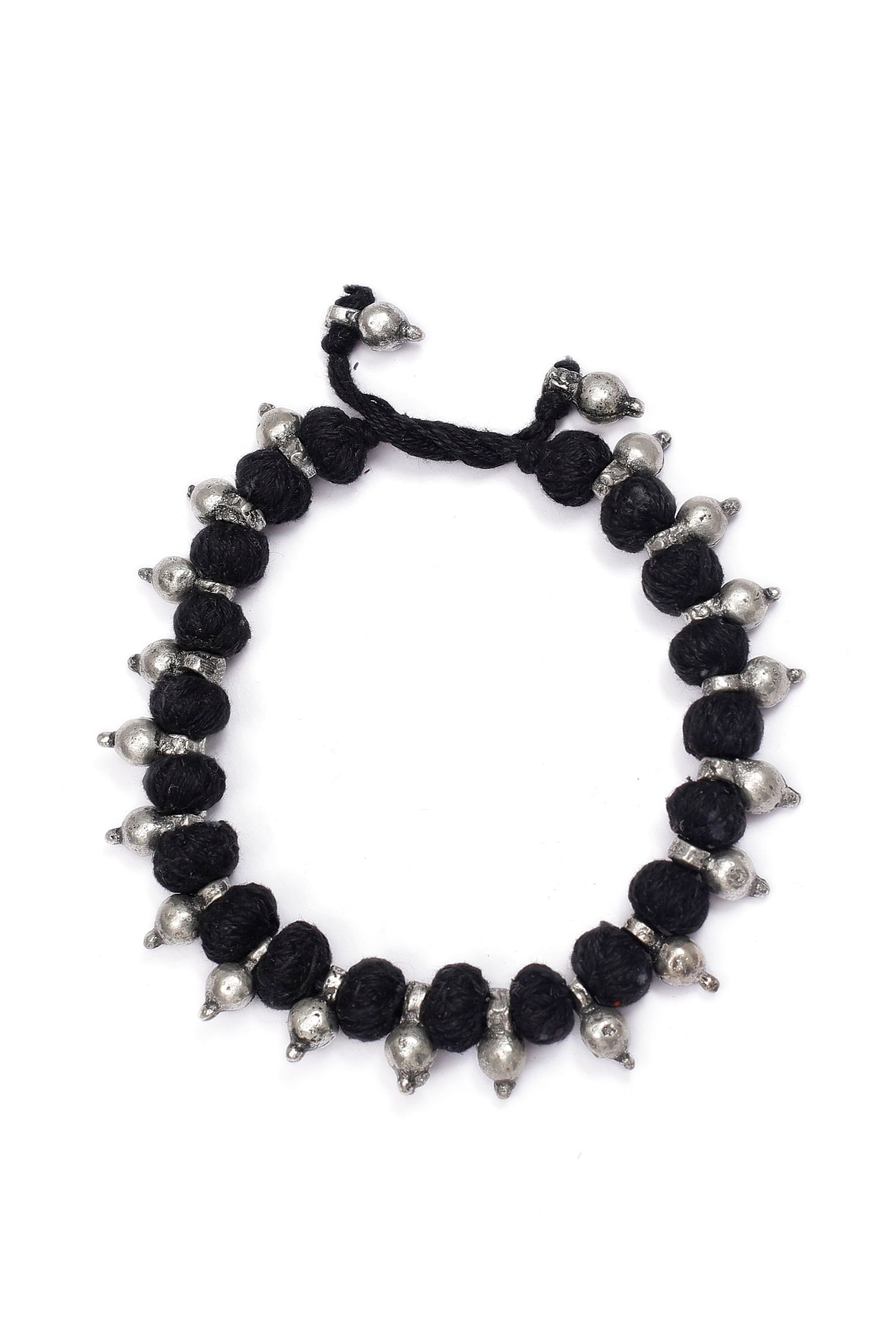 Set of 2: Black with Silver Beads Tribal Anklet