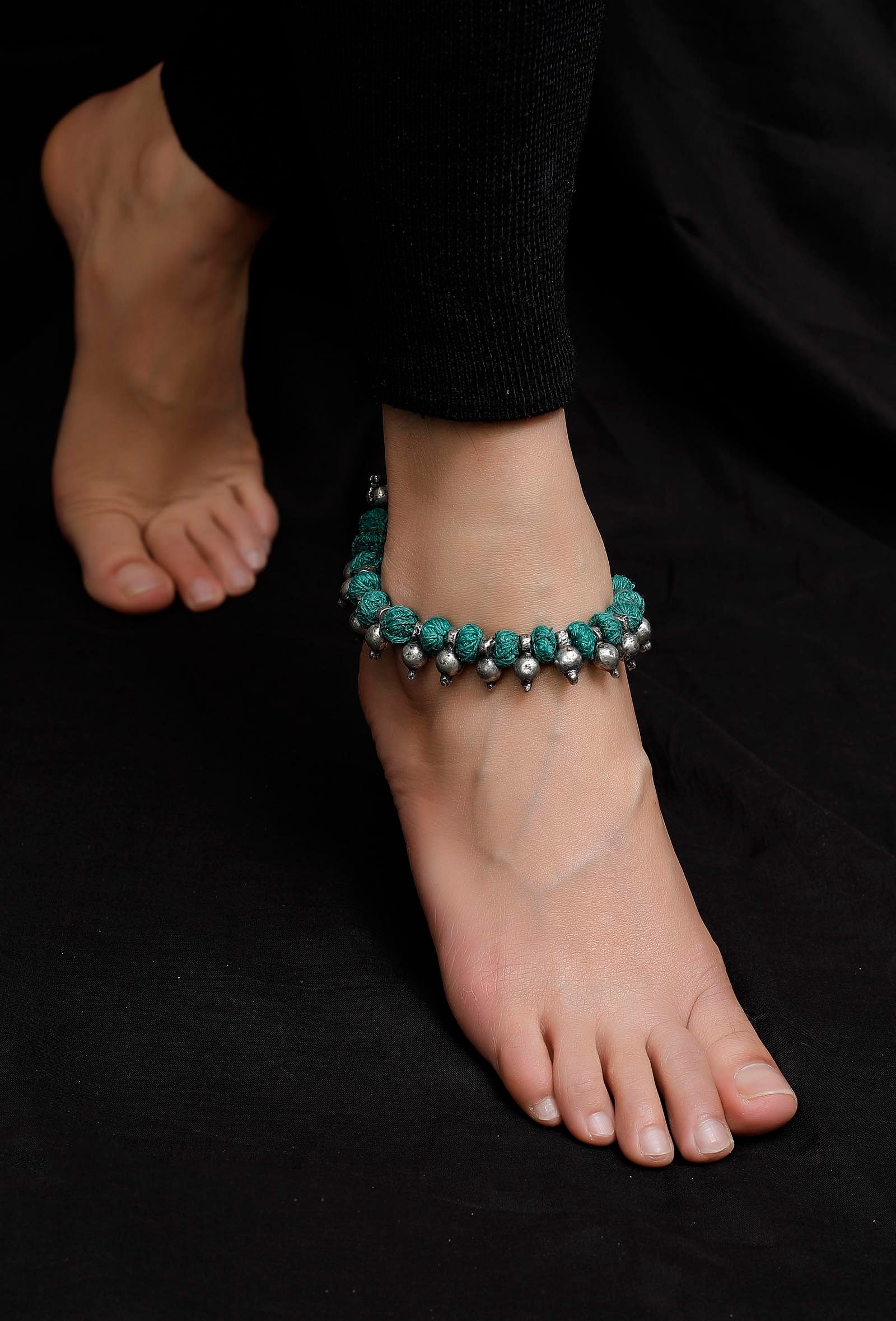 Set of 2: Teal with Silver Beads Tribal Anklet