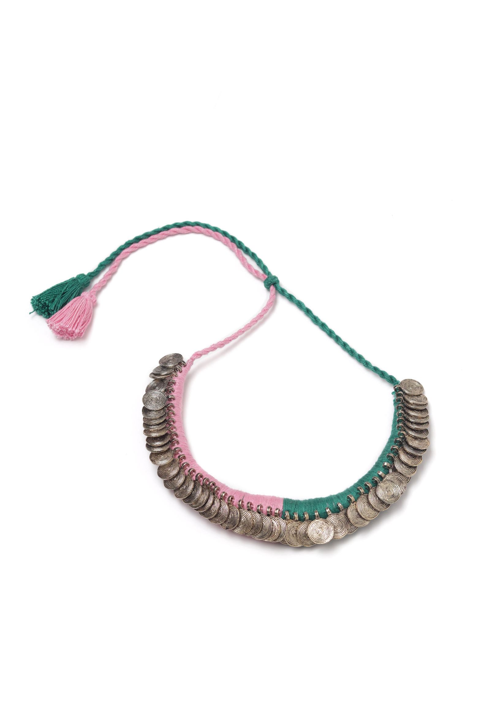 Kaashi Duo Green and Pink Tribal Gold Coin Necklace