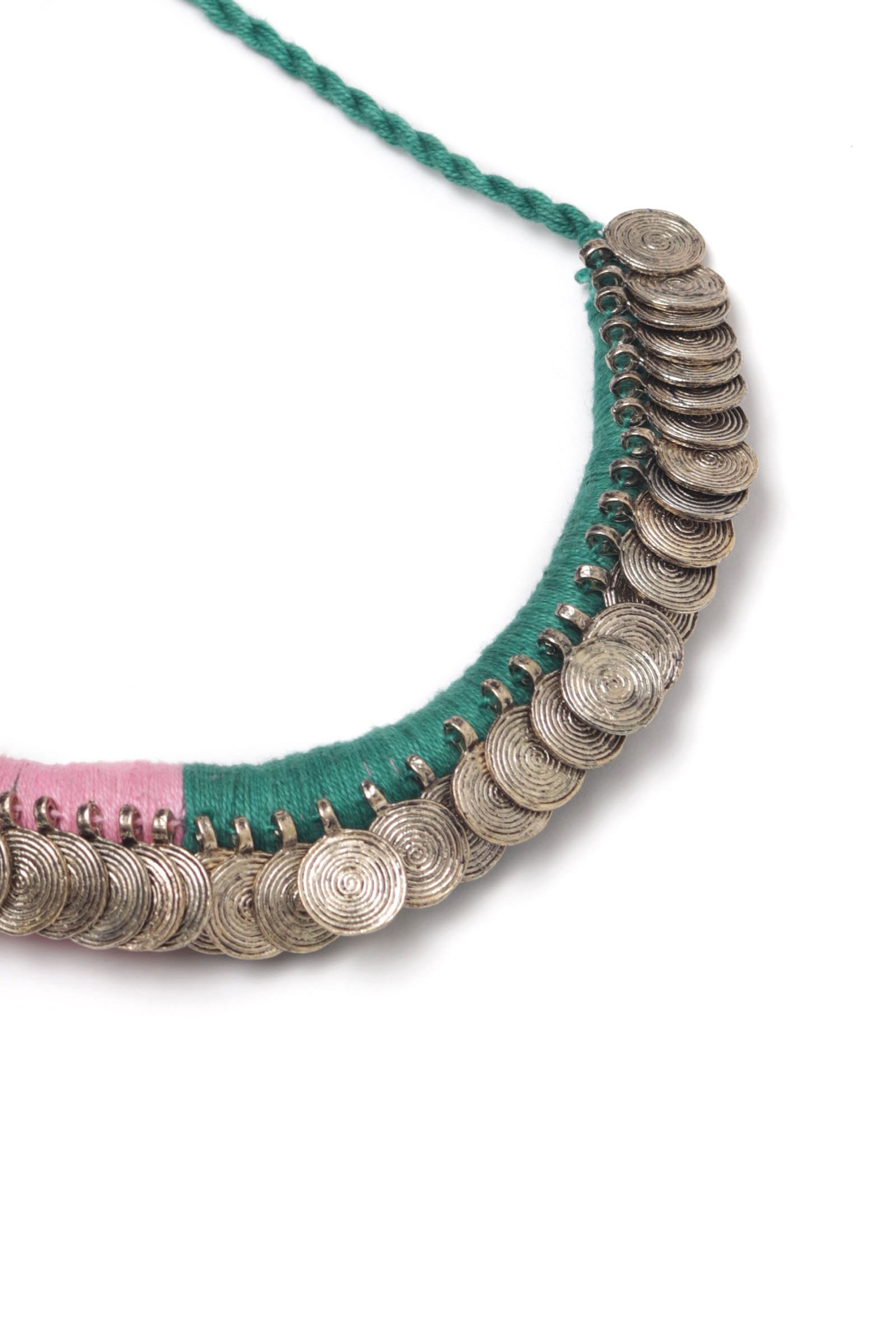 Kaashi Duo Green and Pink Tribal Gold Coin Necklace