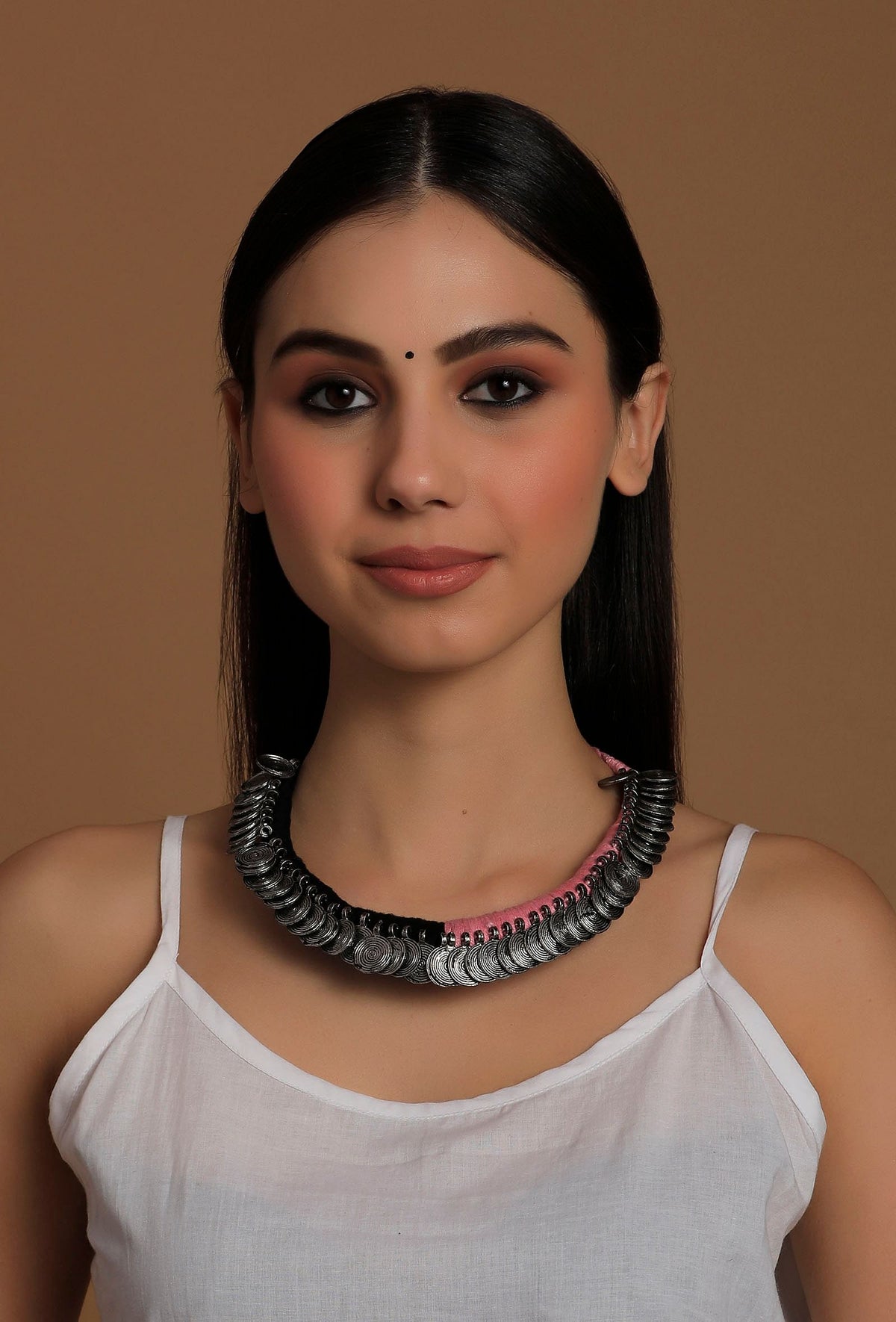 Mahira Duo Black and Pink Tribal Coin Necklace