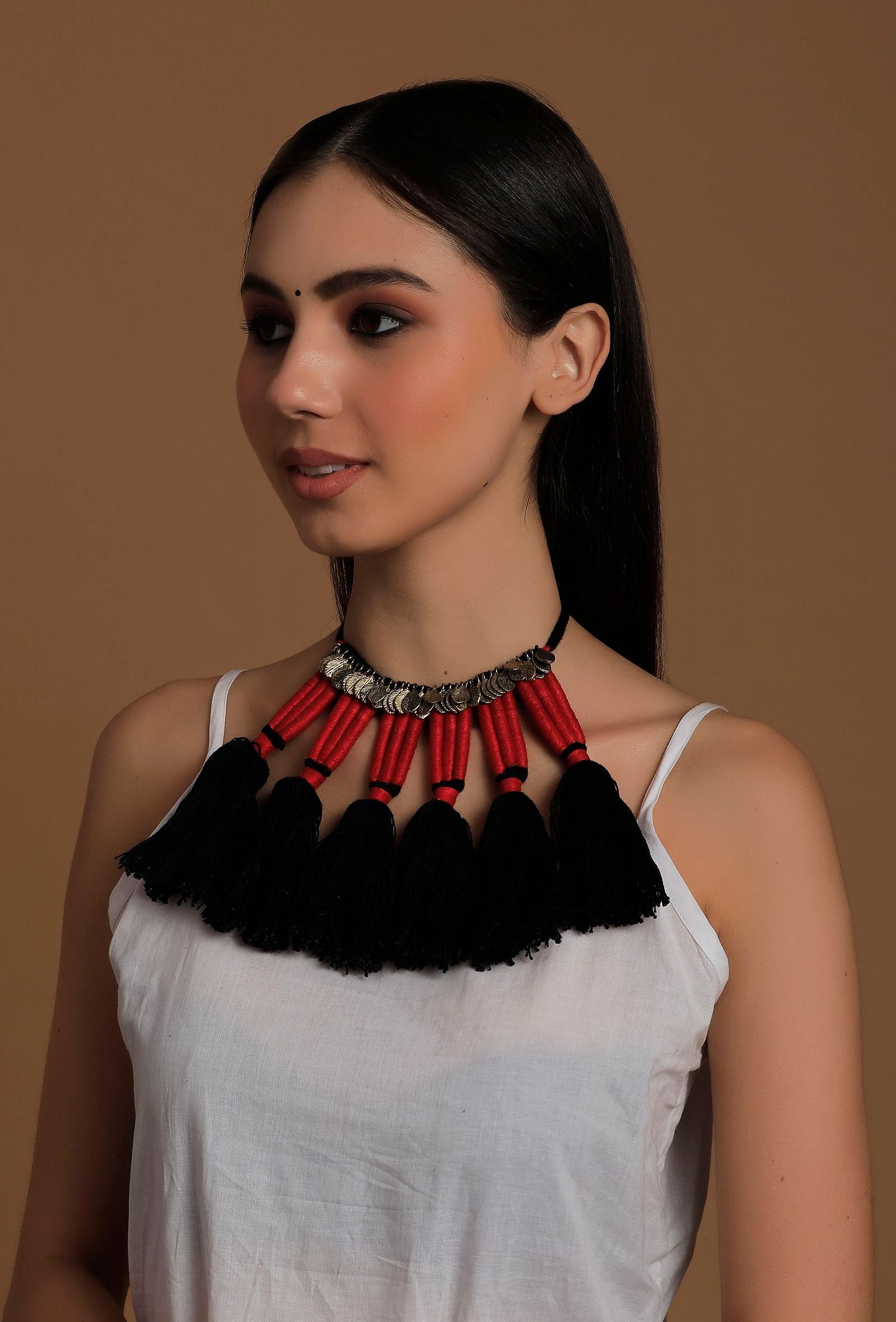 Red and Black Thread Silver Tribal Necklace