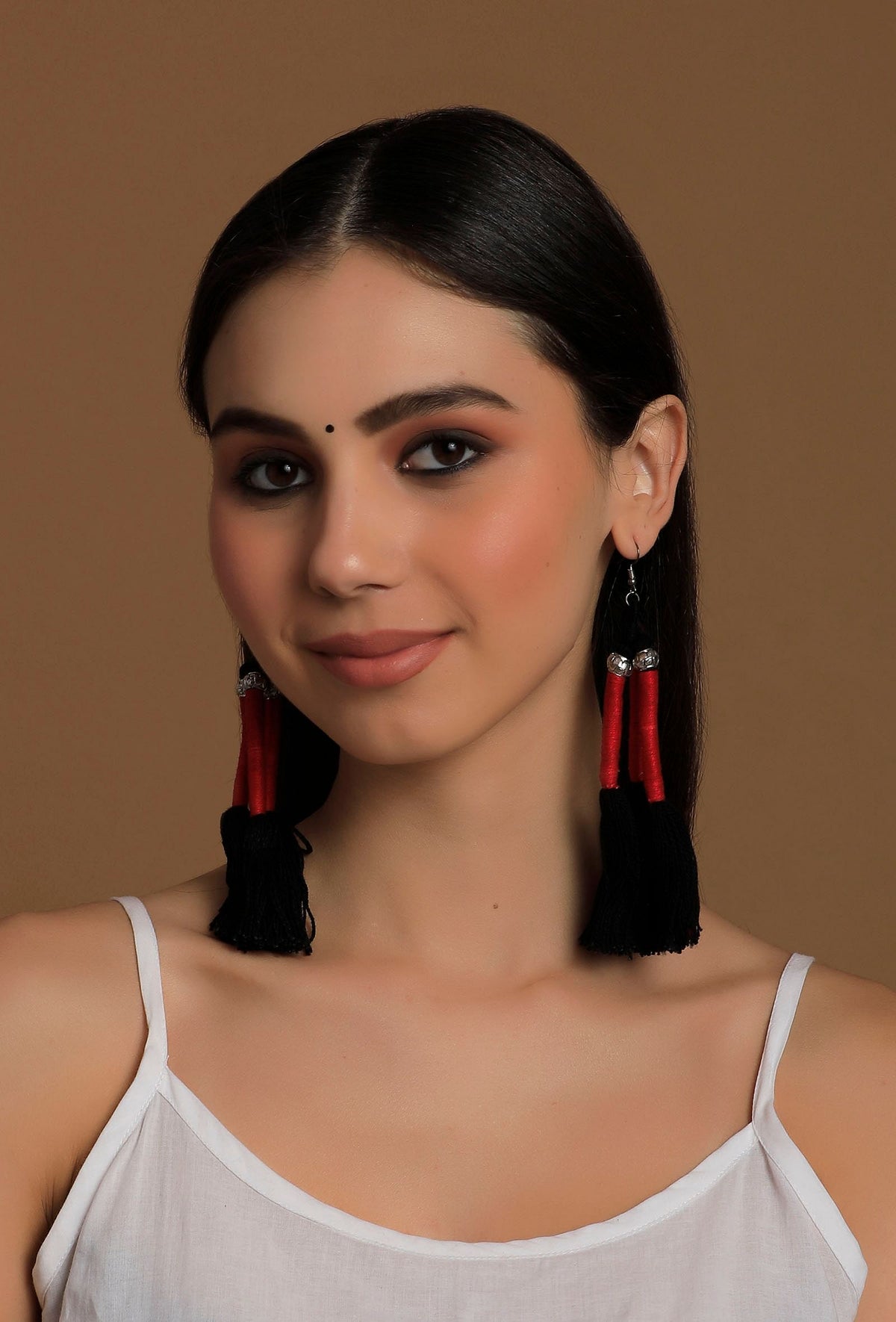 Red and Black Thread Tassels Earrings