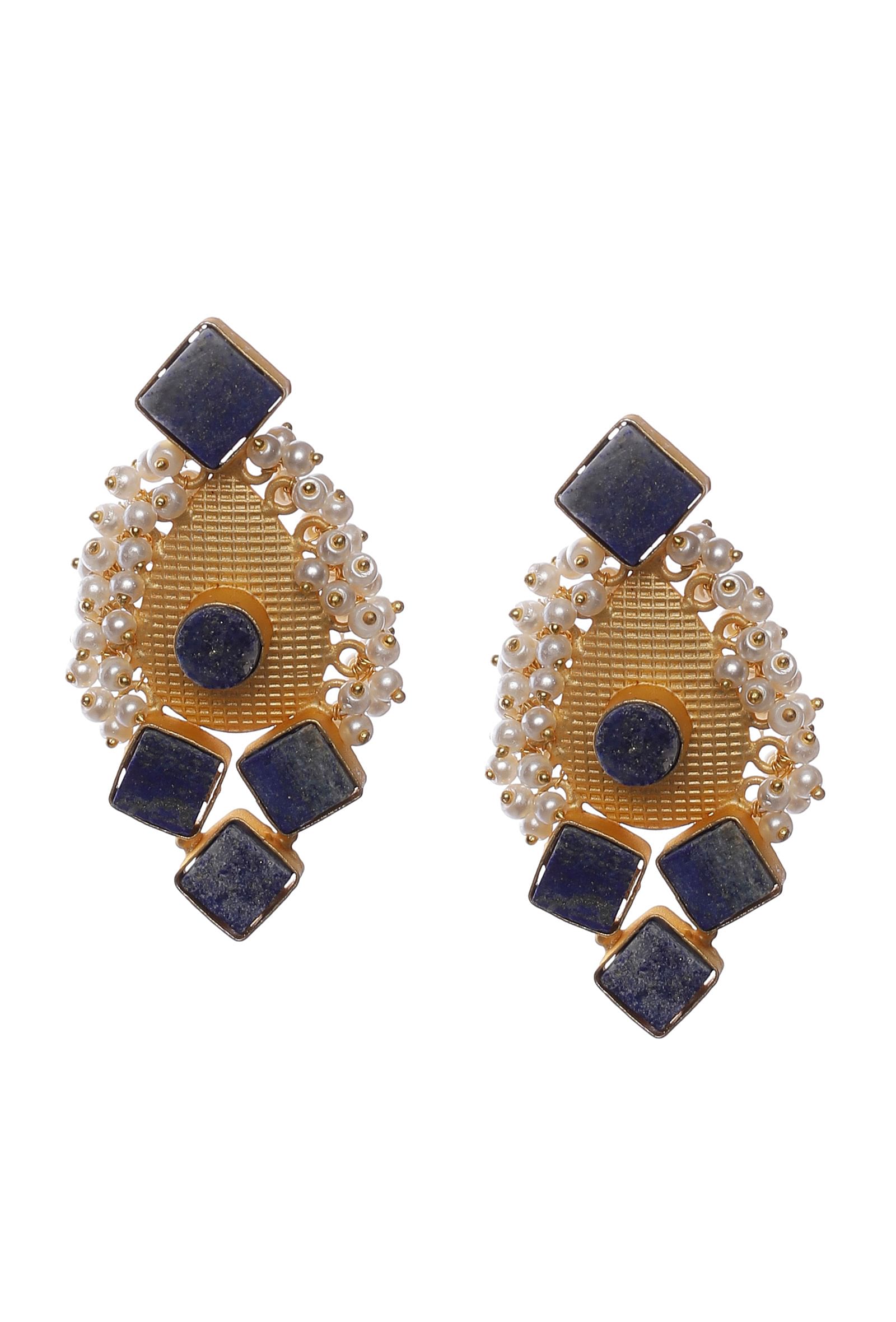 Blue Gold Stone Pearl Earrings