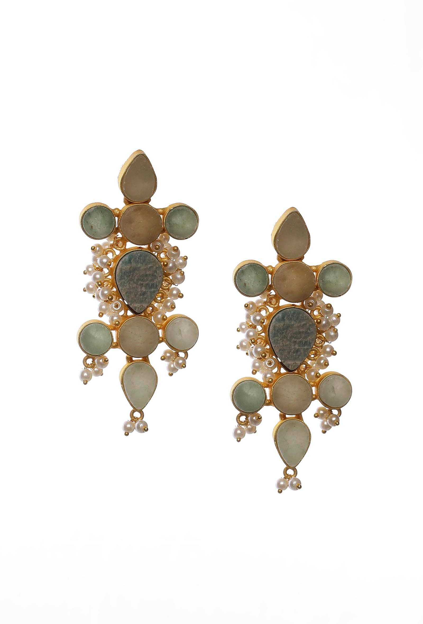 Sea Green Gold Stone Pearl Earrings