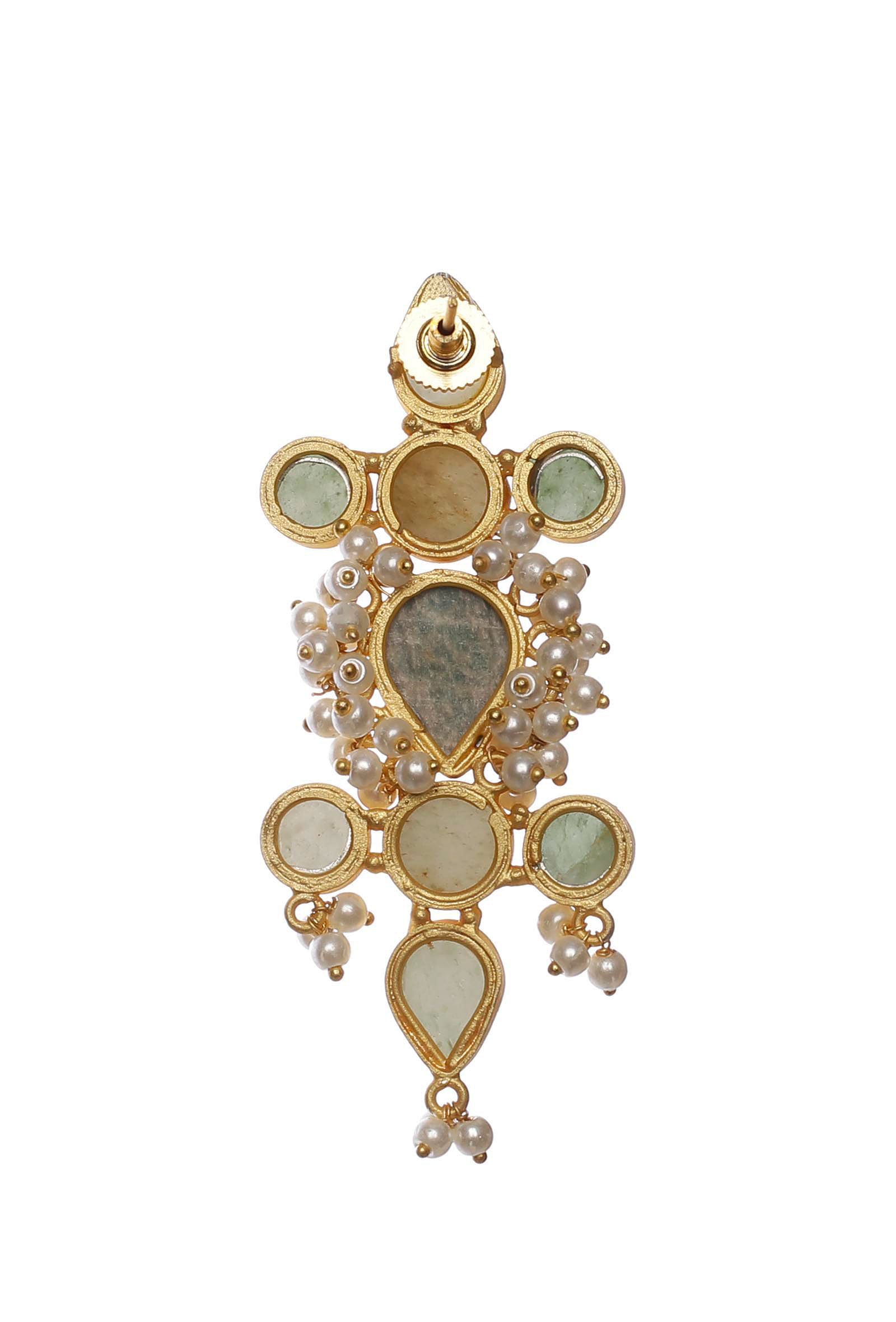 Sea Green Gold Stone Pearl Earrings