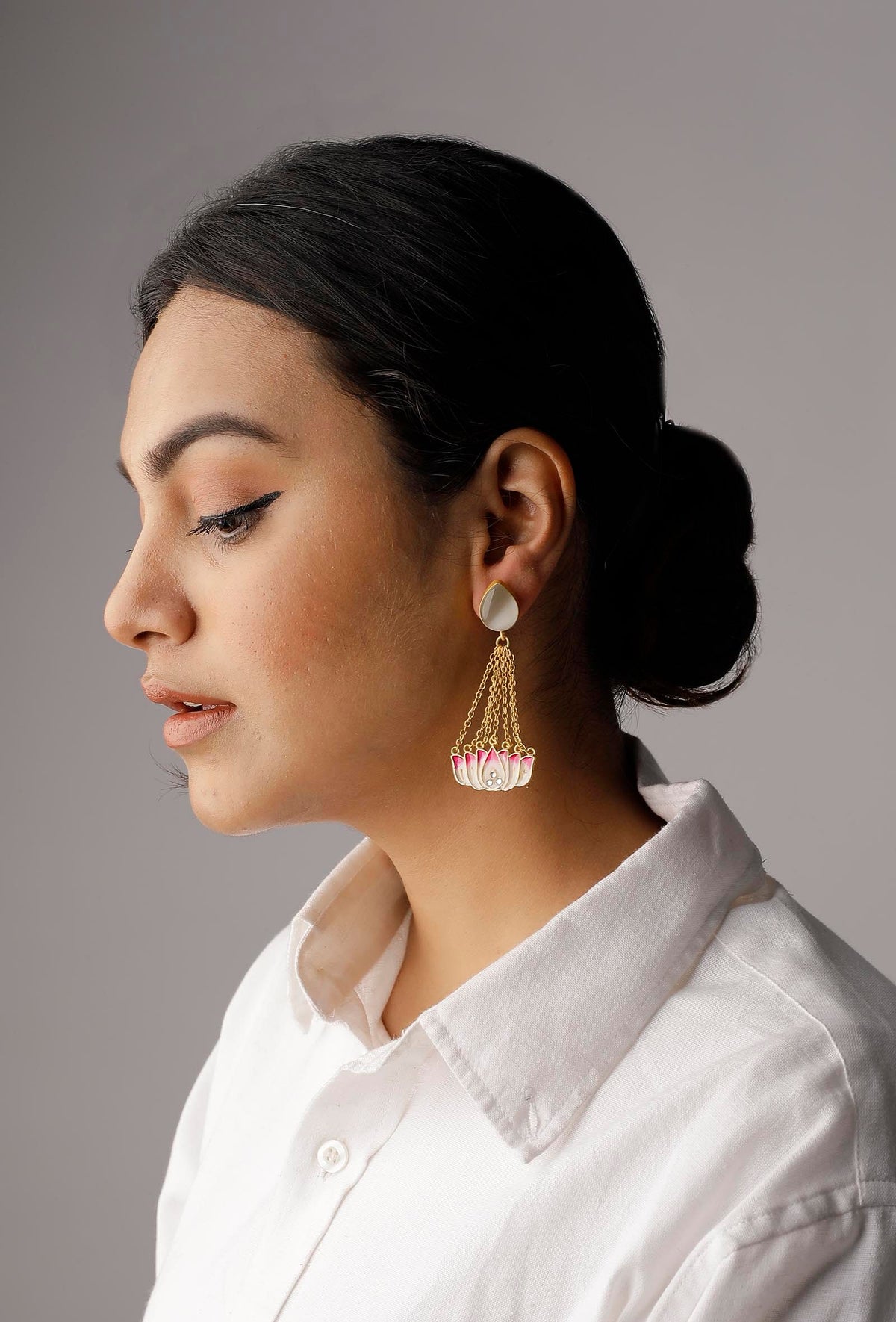 Pink Lotus Gold Chain Earrings