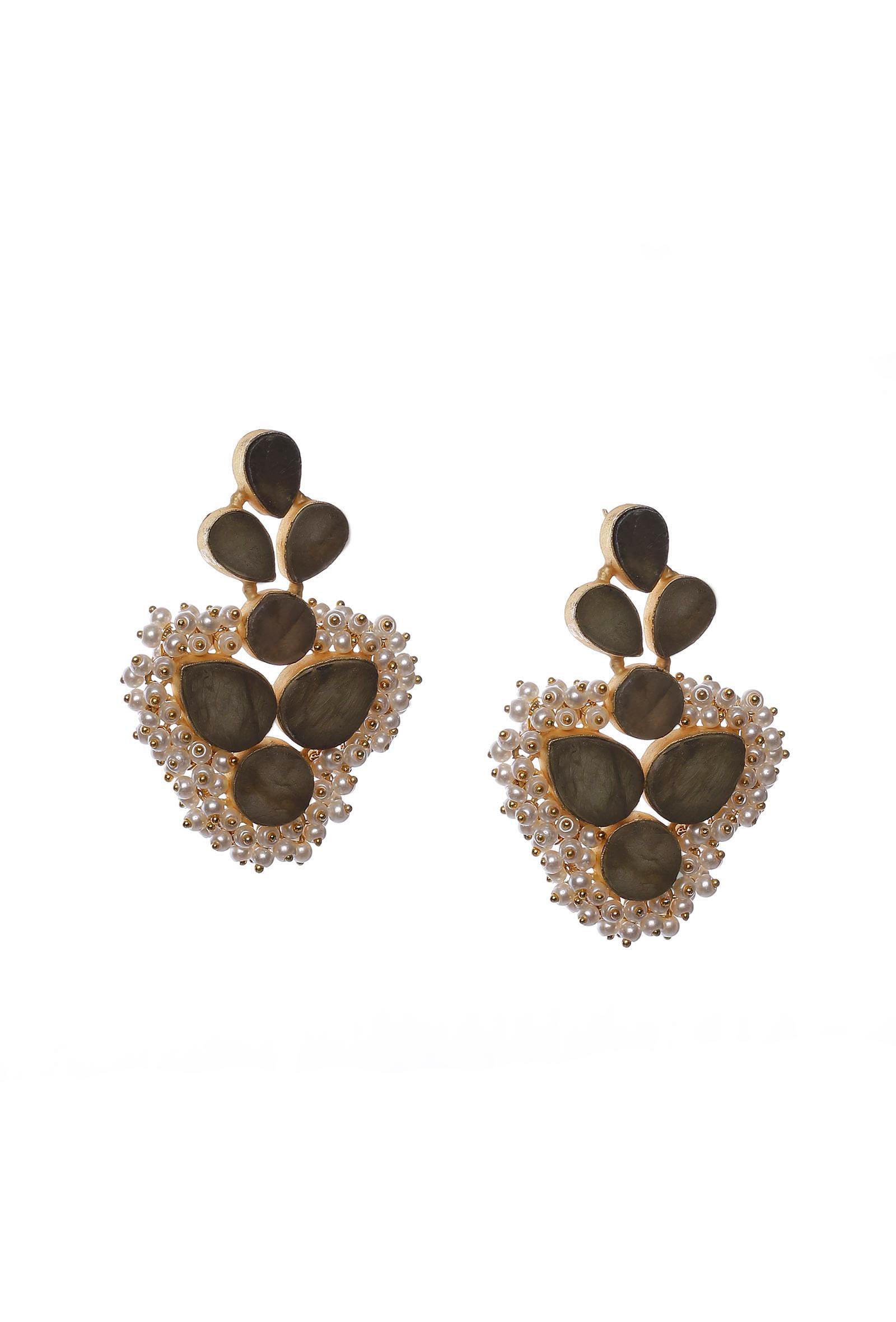 Olive Gold Stone Pearl Earrings
