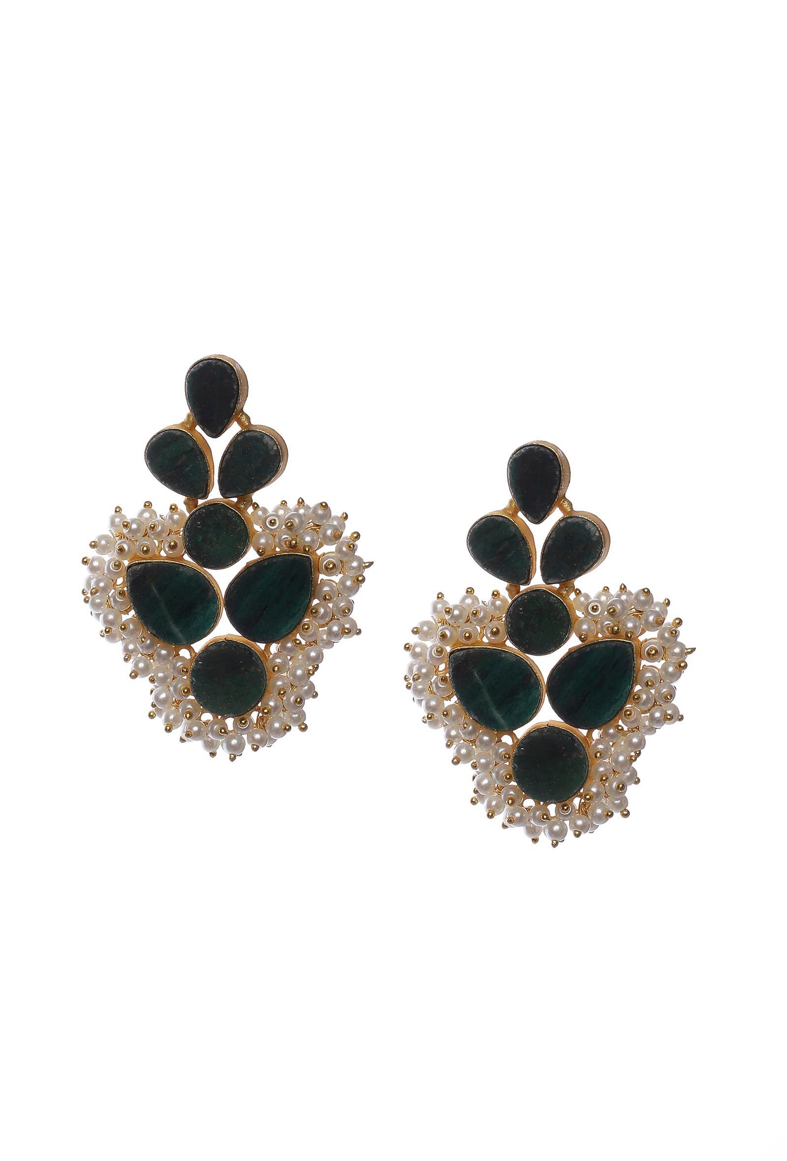 Pine Green Gold Stone Pearl Earrings