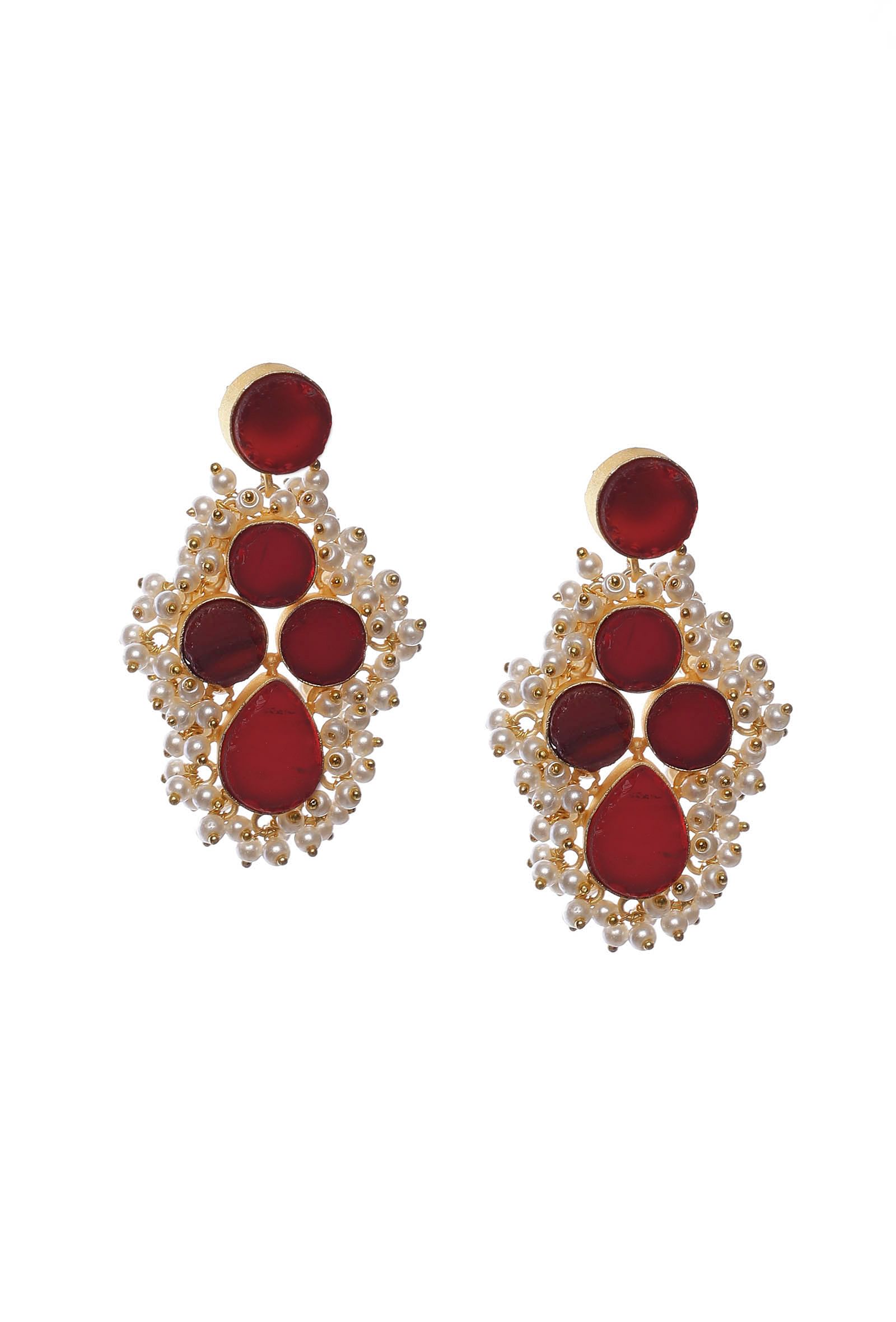Wine Red Gold Stone Pearl Earrings