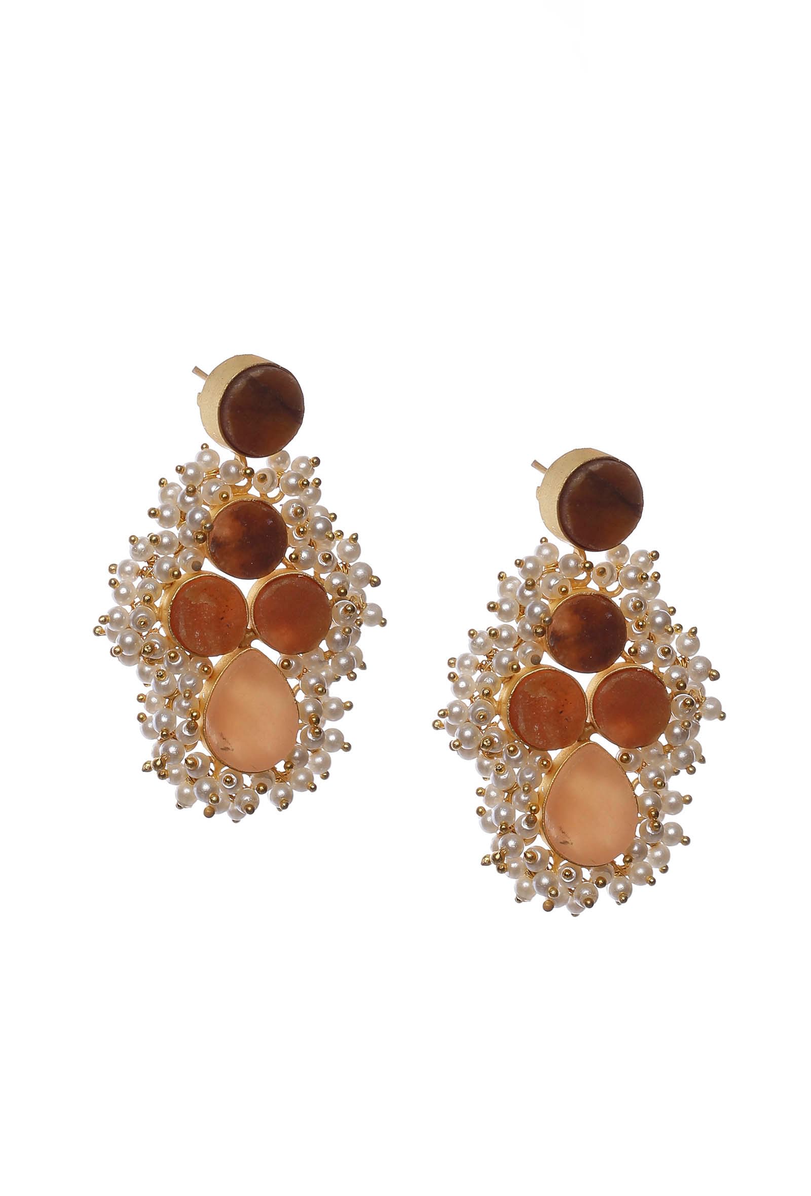 Coral Orange Gold Stone Pearl Earrings