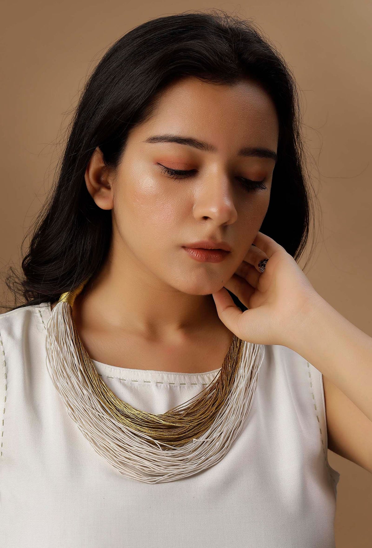 Gold and White Layered Thread Necklace