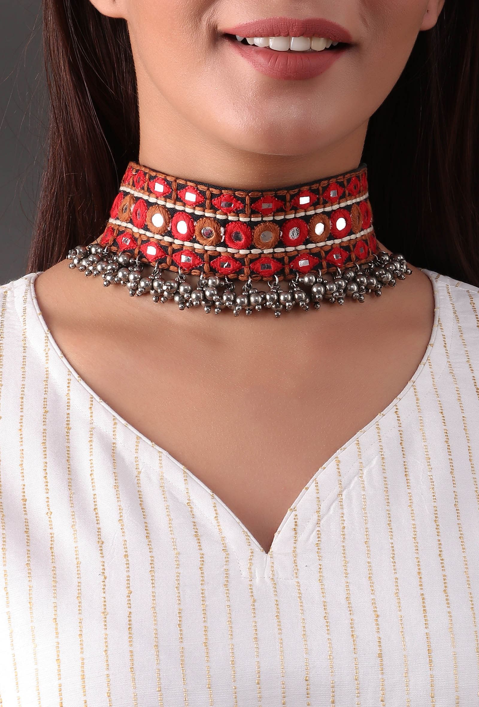 Red and Black Kutch Embroidery Choker