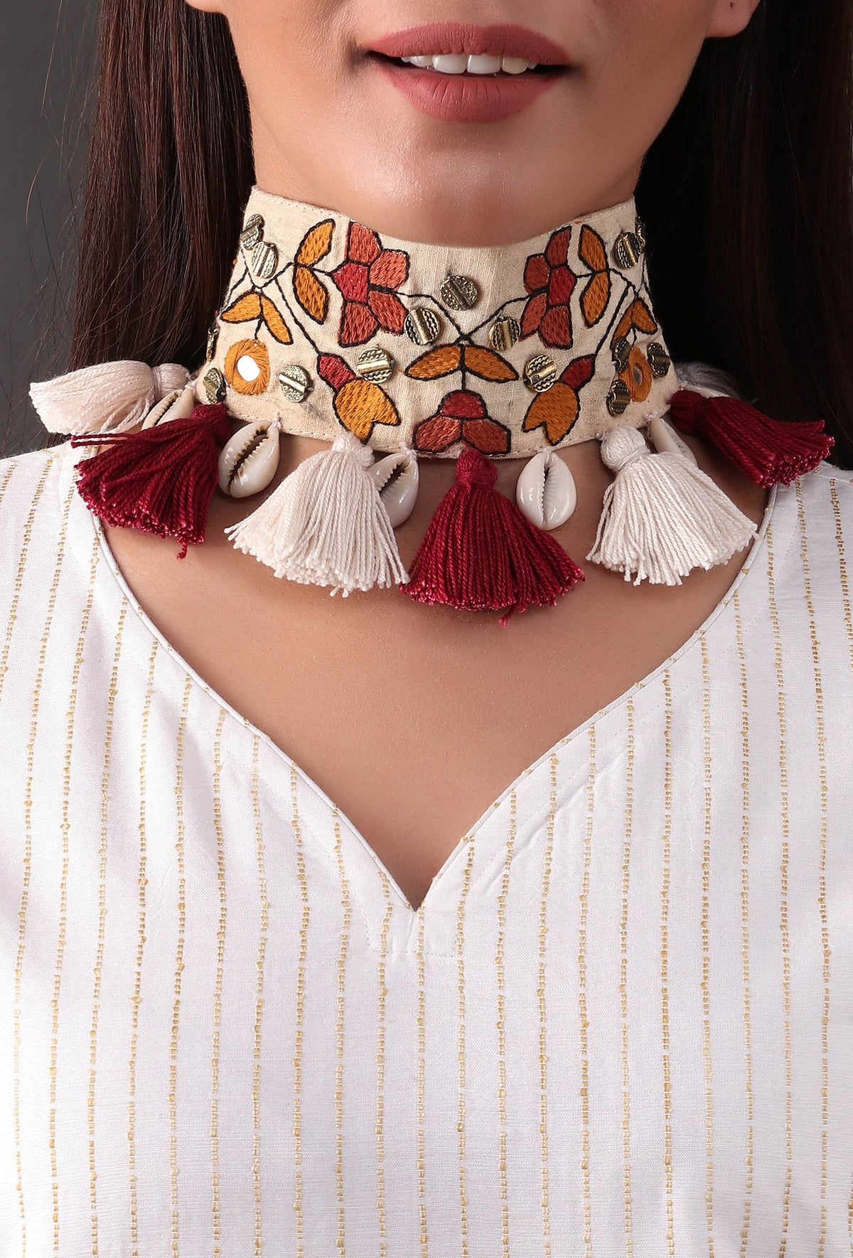 Red and White Kutch Embroidery Choker