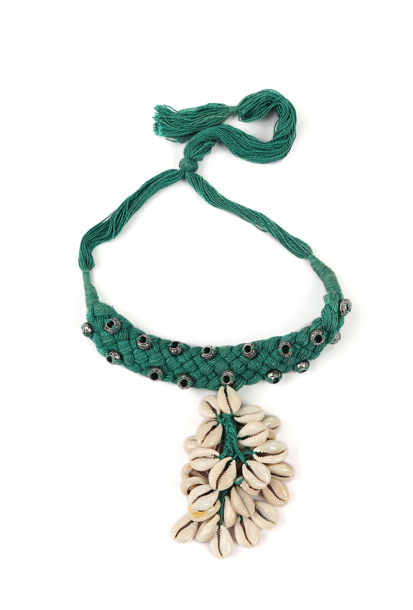 Green Thread & German Silver Tribal Seashell Choker & Earrings Set