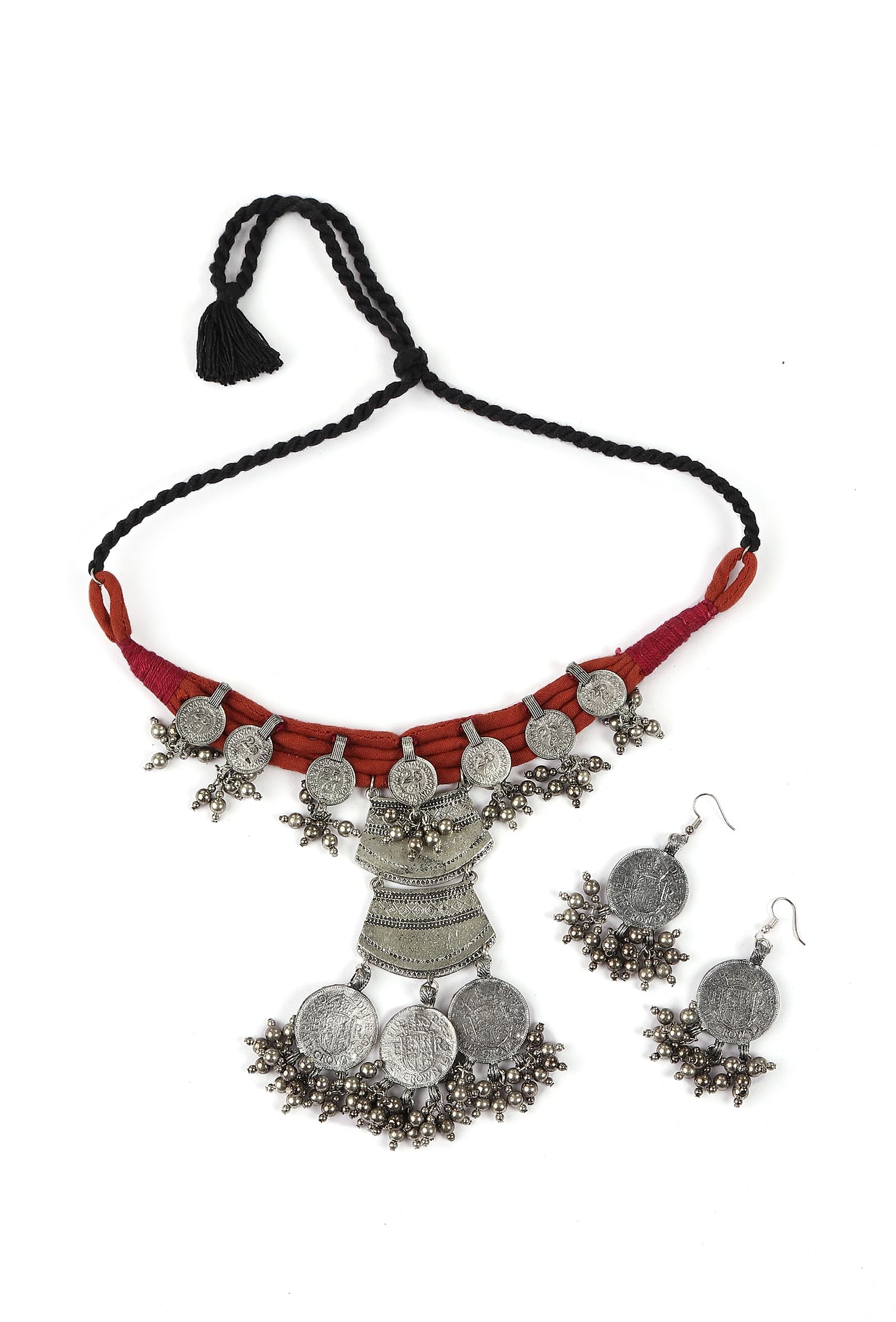 Red Thread & German Silver Tribal Coin Choker & Earrings Set