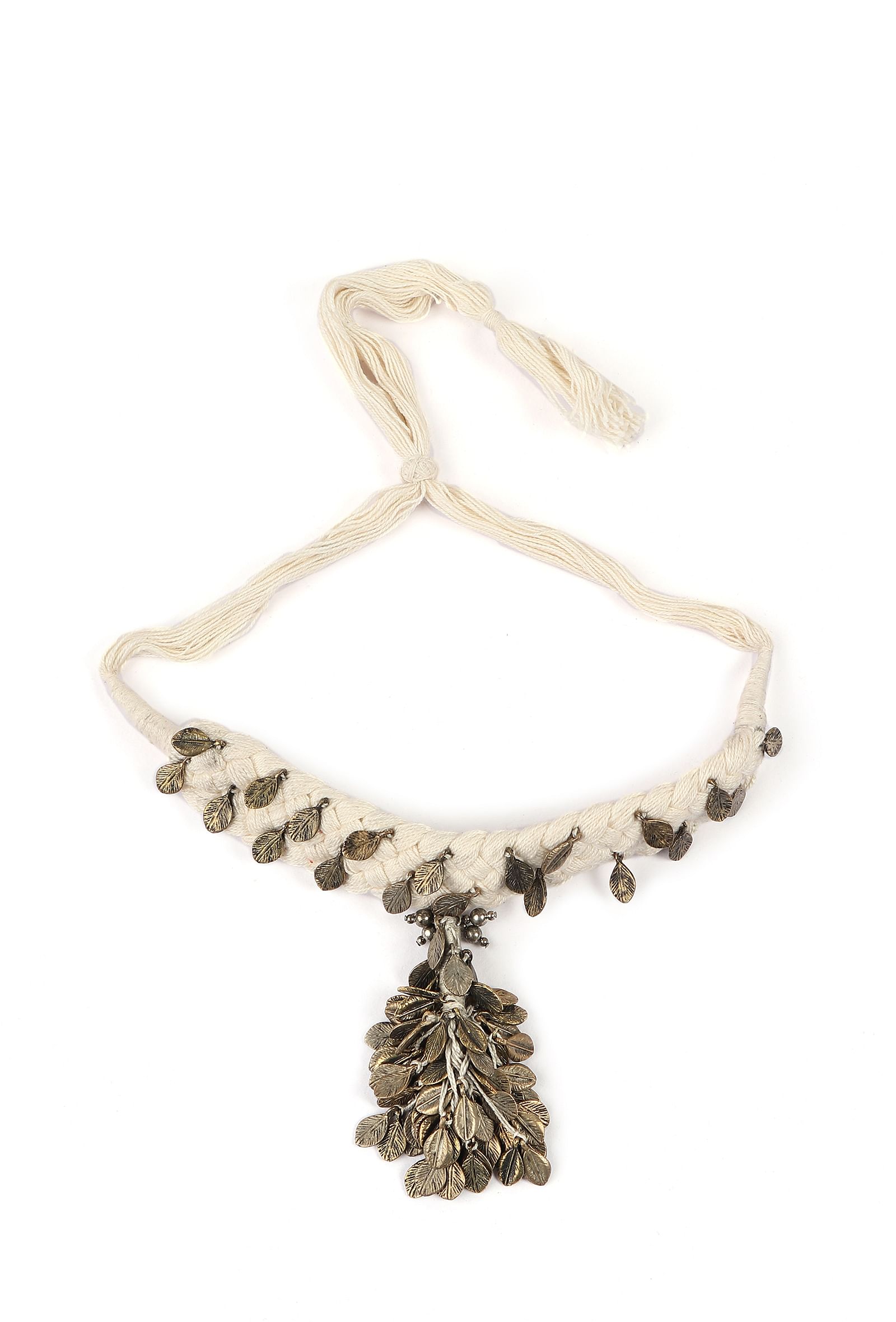 White Thread & German Silver Tribal Leaf Choker Necklace