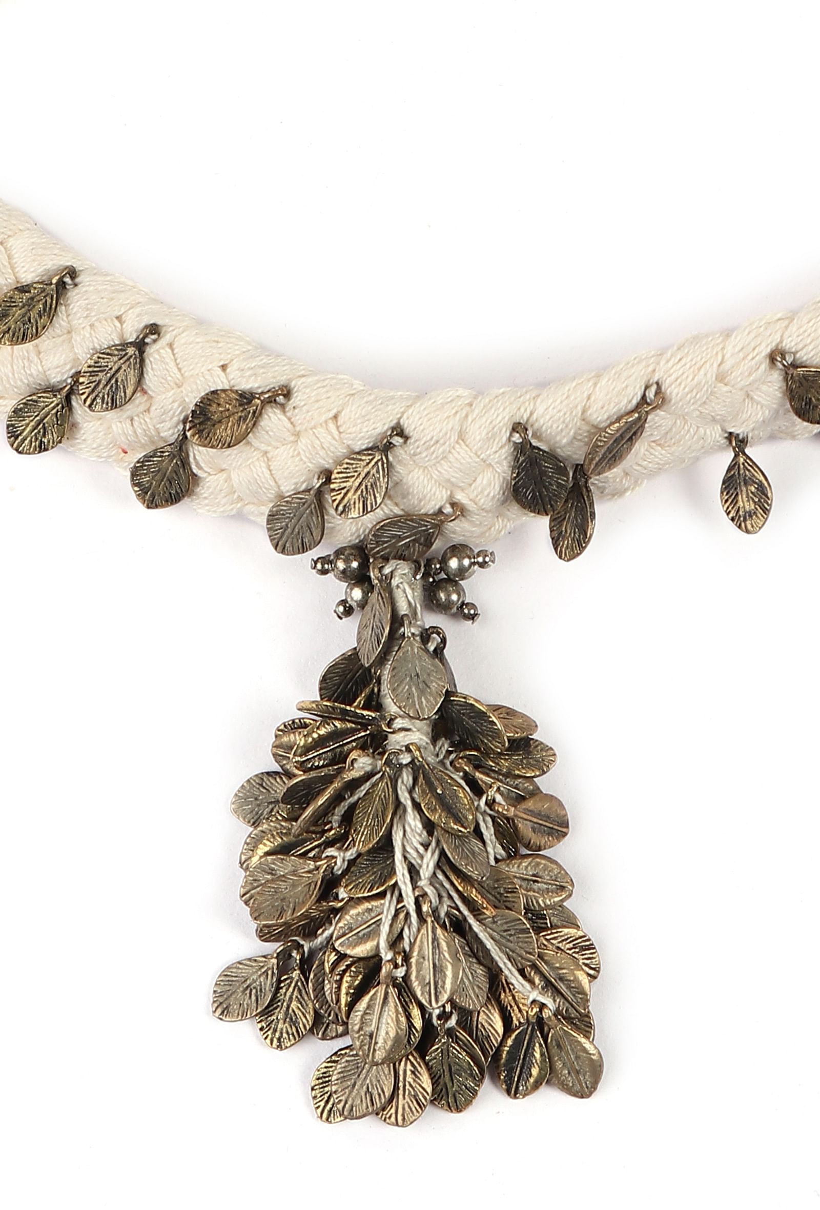 White Thread & German Silver Tribal Leaf Choker Necklace