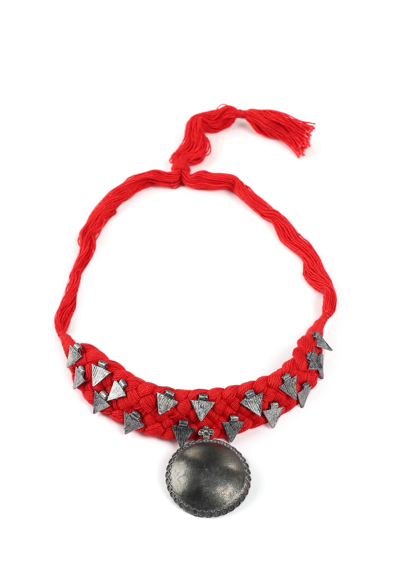 Red Thread & German Silver Tribal Choker With Bold Pendant