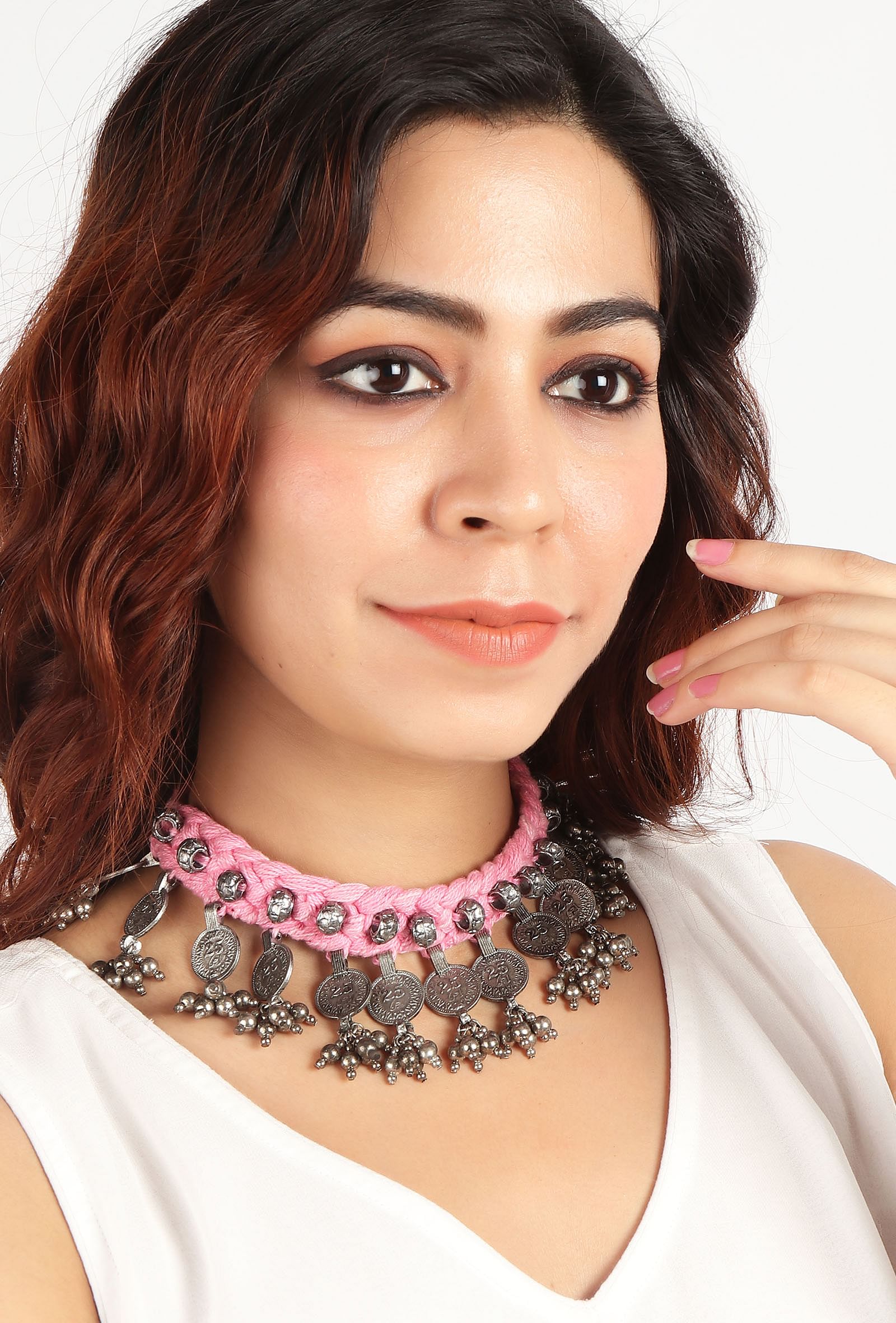 Pink Thread & German Silver Tribal Coin Choker Necklace