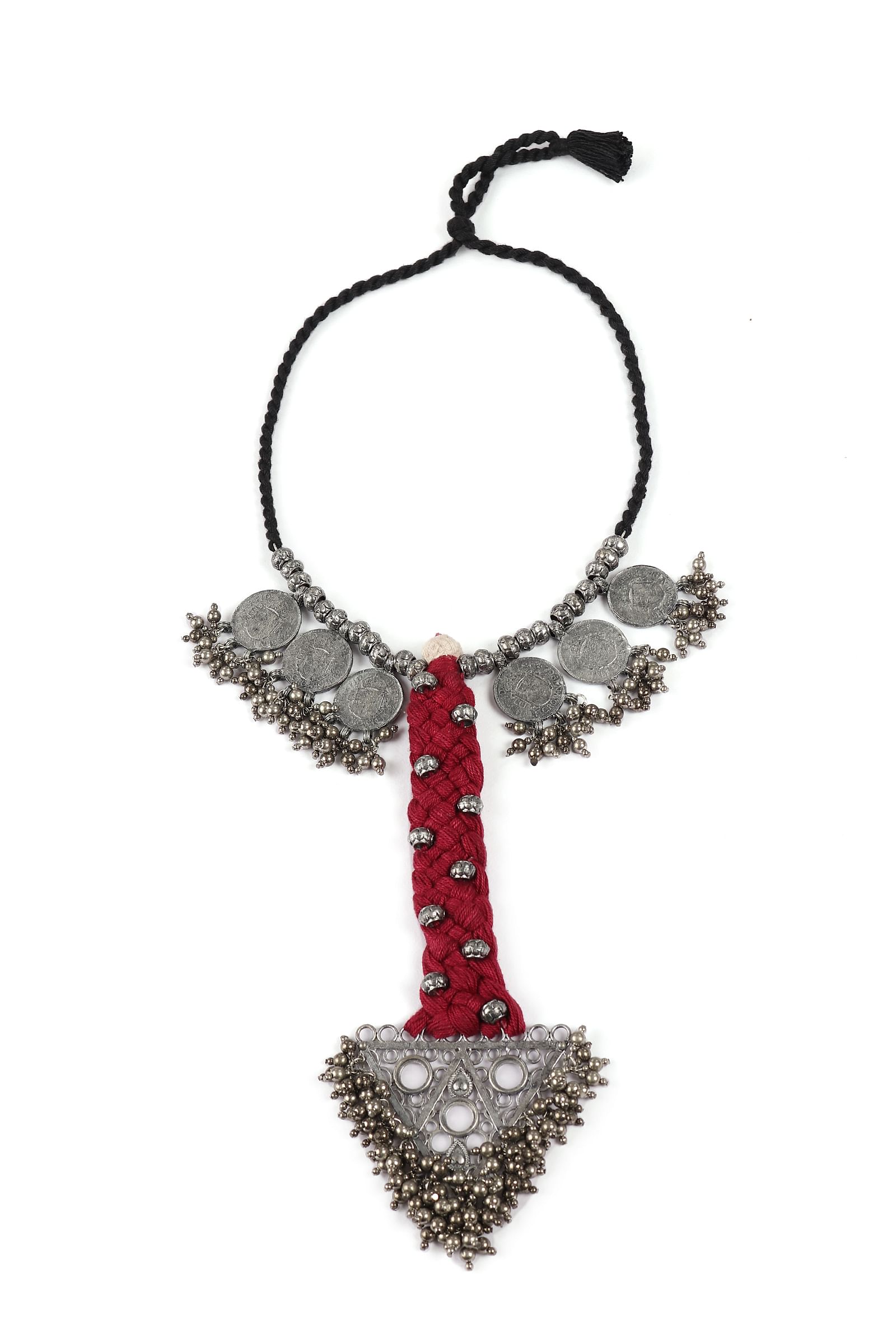 Red & Black Thread & German Silver Tribal Choker With Bold Pendant