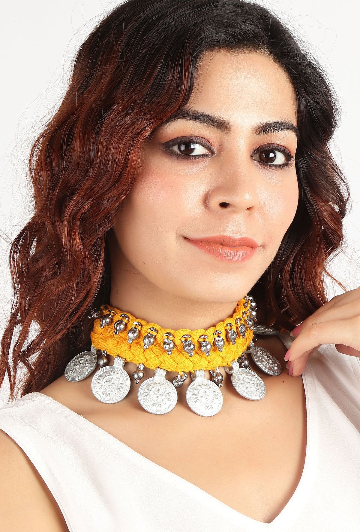 Yellow Thread & German Silver Tribal Choker With Coins