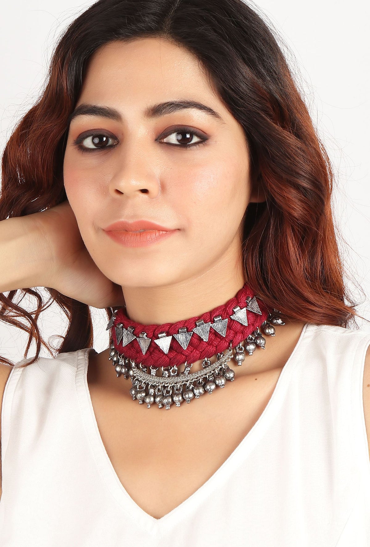 Red Thread & German Silver Tribal Choker With Ghunghroos