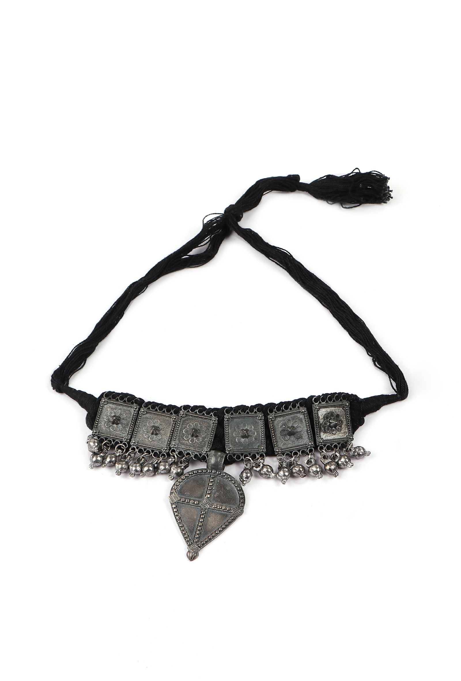 Black Thread & Square Motif German Silver Tribal Choker & Earrings