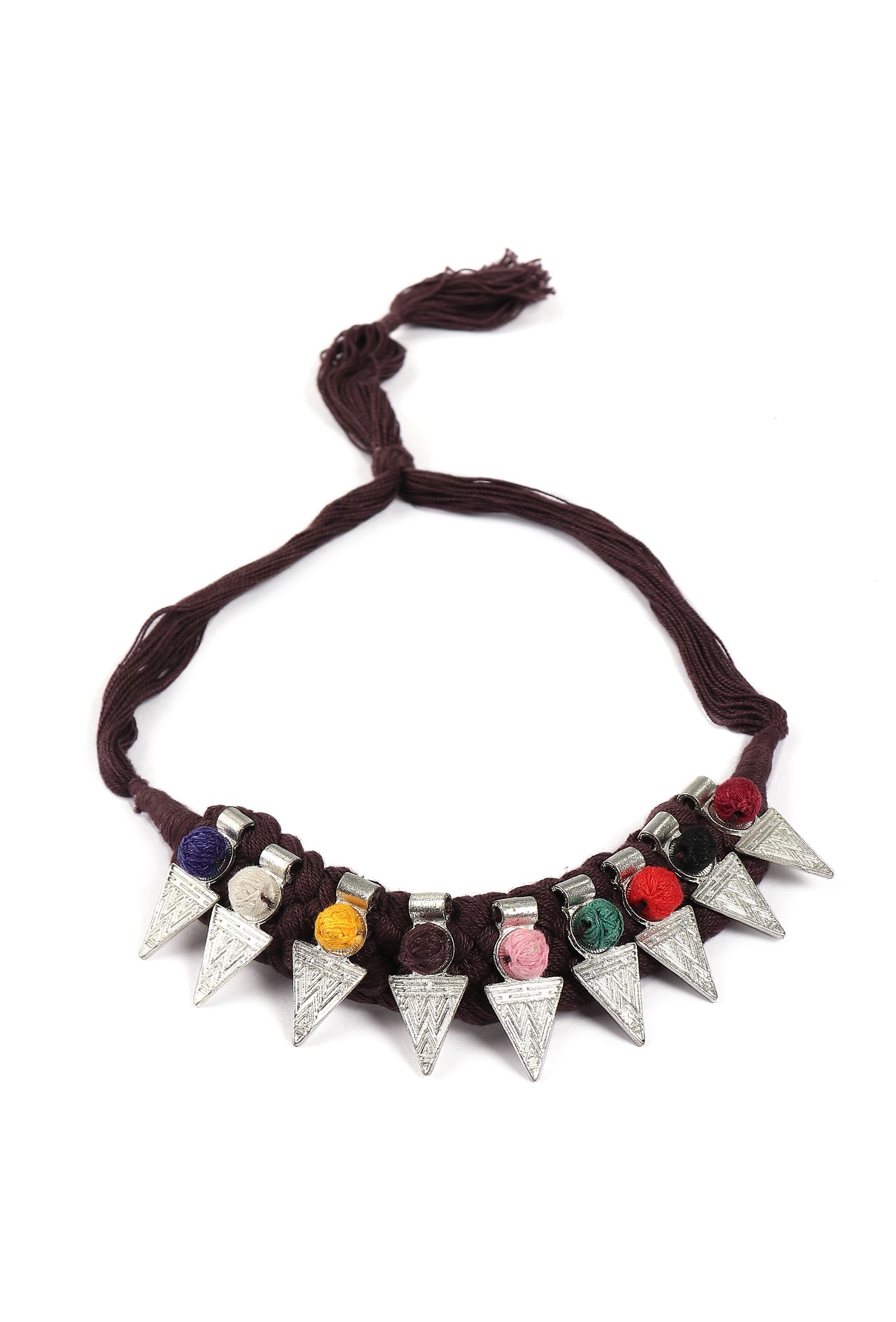 Brown, Multi-Color Thread & German Silver Tribal Choker