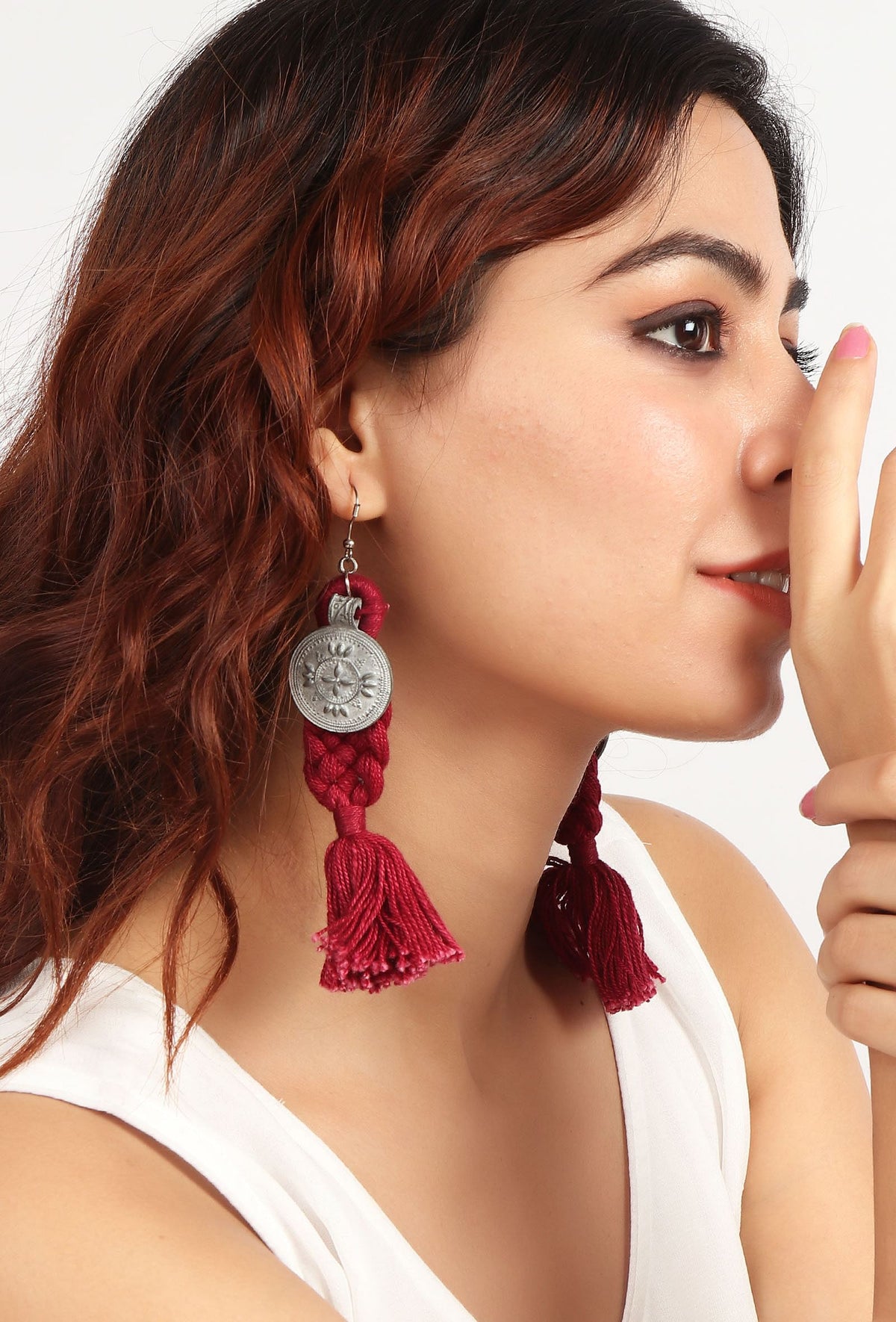 Red Thread & German Silver Tribal Earrings With Coin